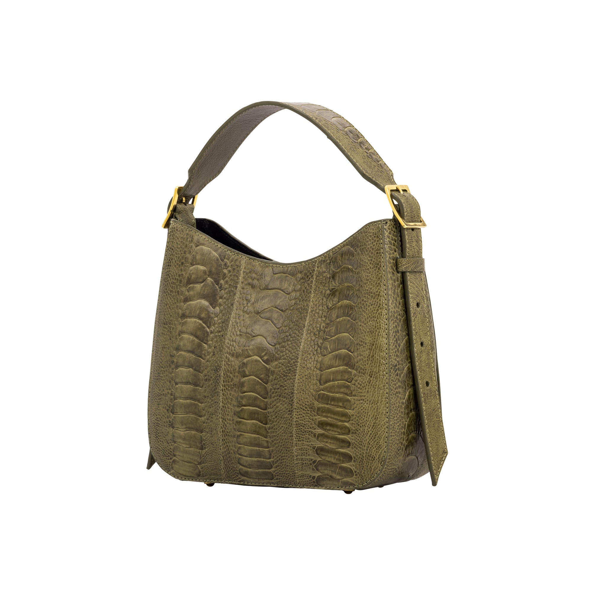 Side of a forest green textured handbag on a white background