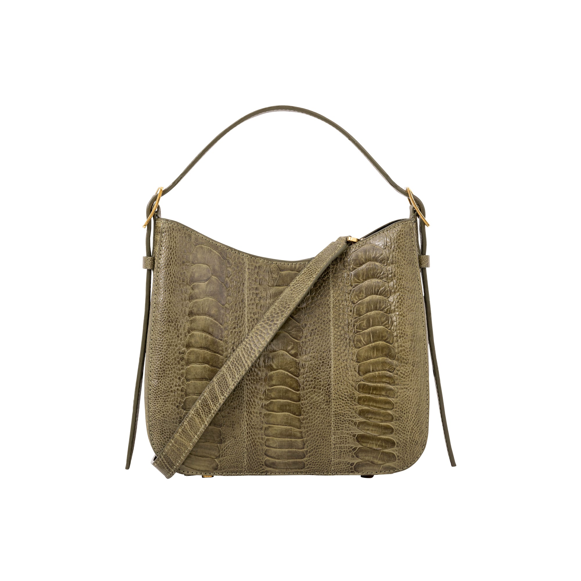 Forest green textured handbag with a strap on a white background