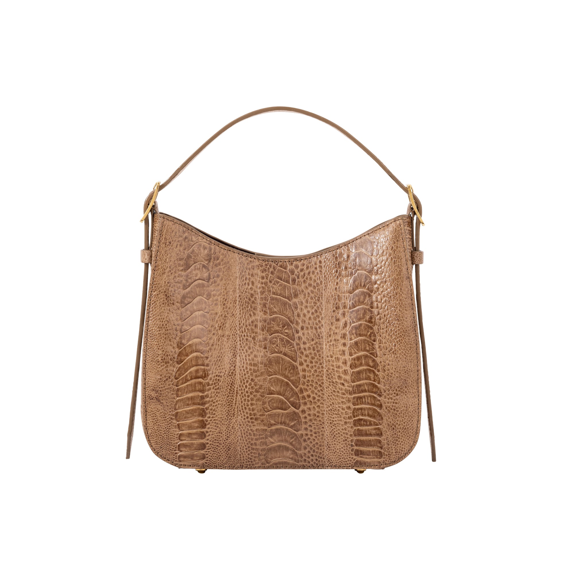 Back of a brown textured handbag on a white background