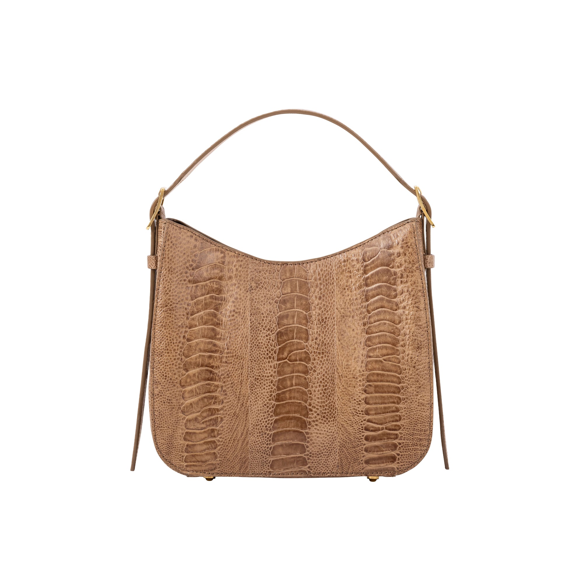 Front of a brown textured handbag on a white background