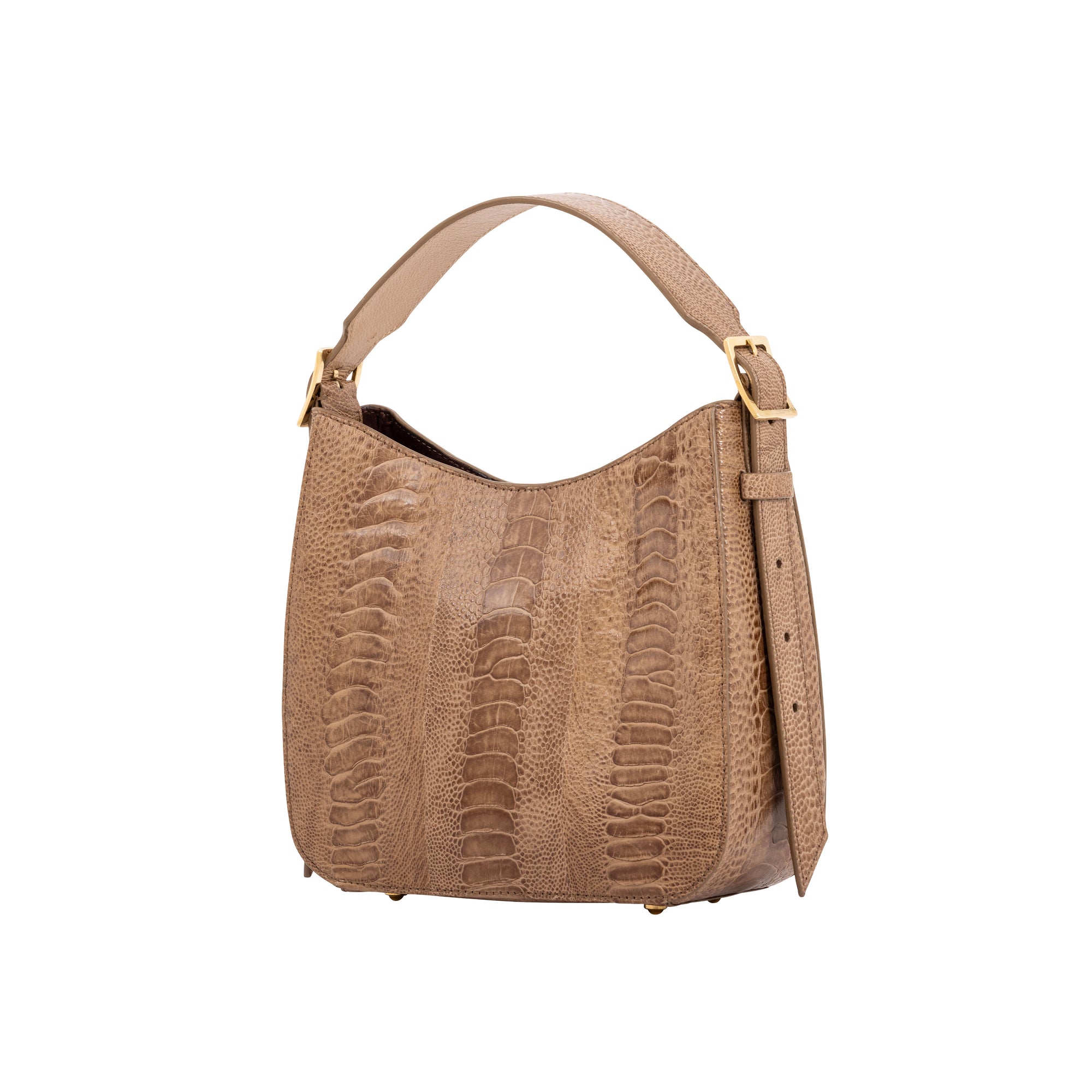 Side of a brown textured handbag on a white background