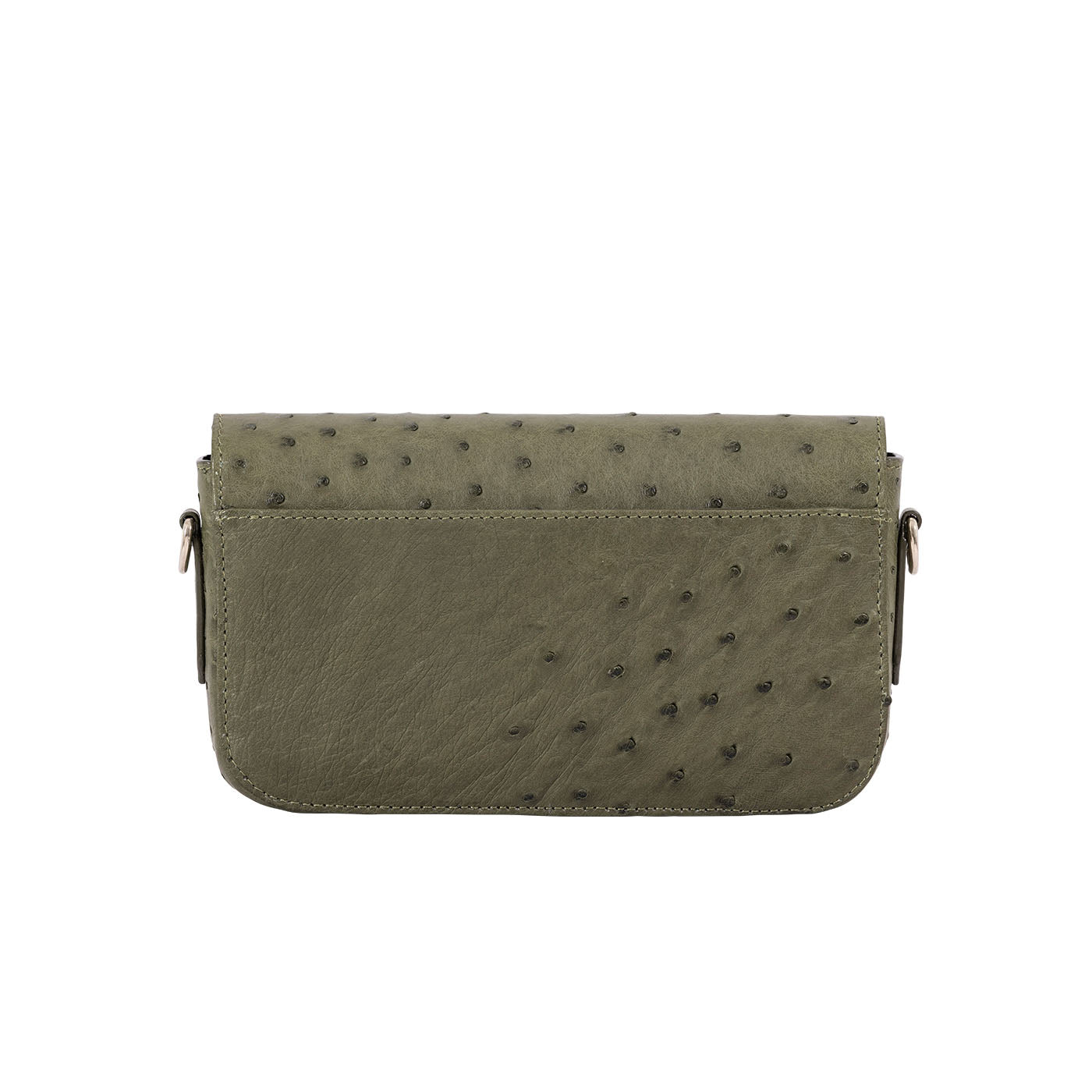 Back of a forest green ostrich textured handbag on a white background