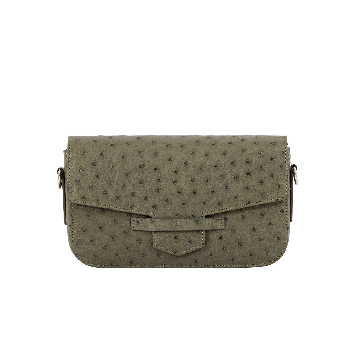 Front of a forest green ostrich textured handbag on a white background
