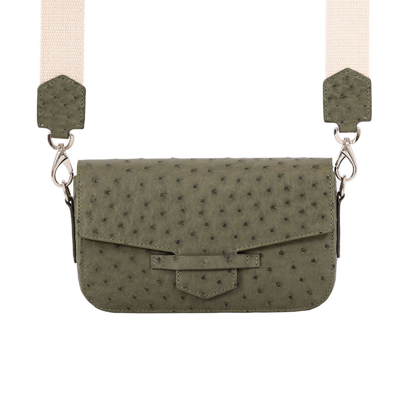 Forest green ostrich textured handbag with a beige strap on a white background
