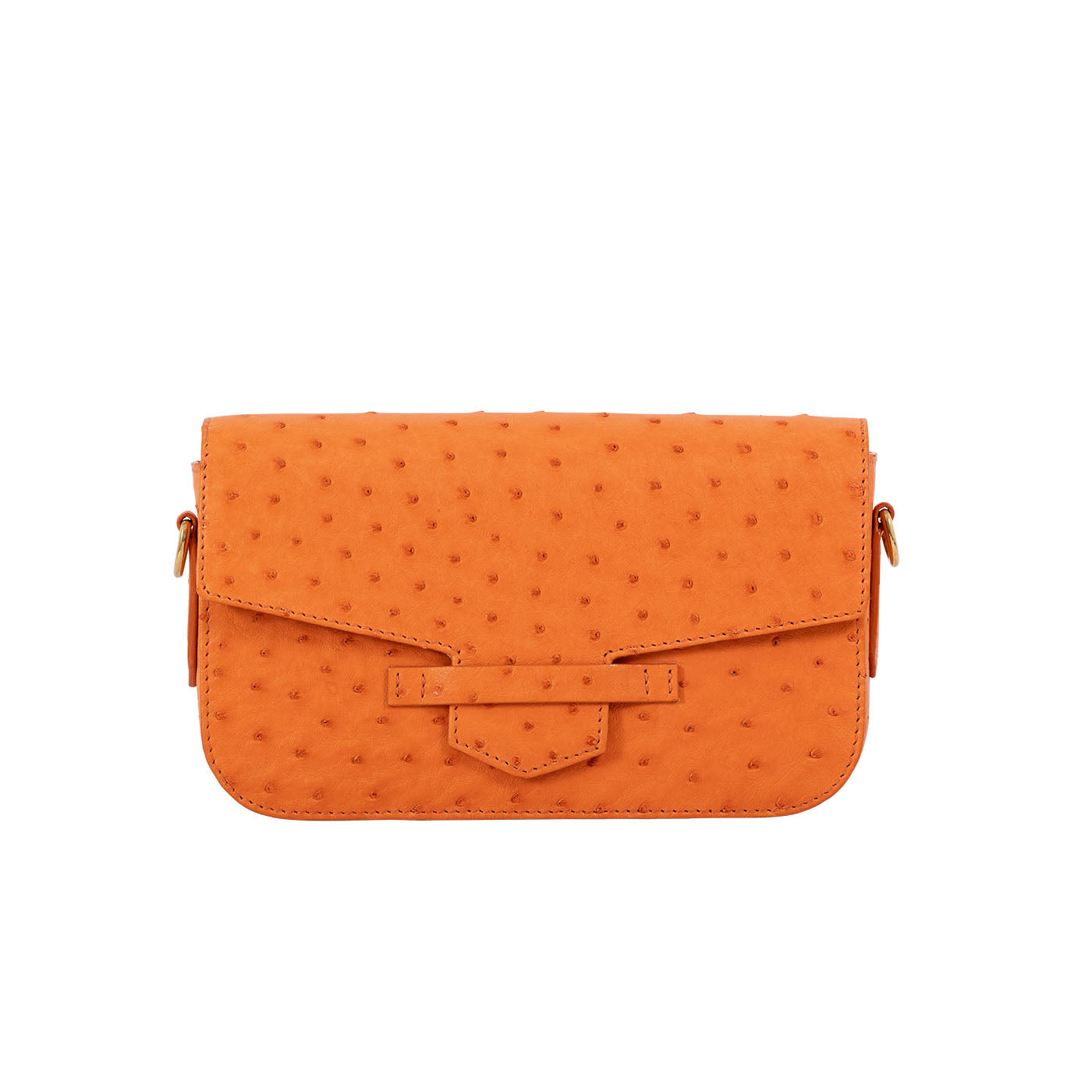 Front of a tangerine ostrich textured clutch bag on a white background