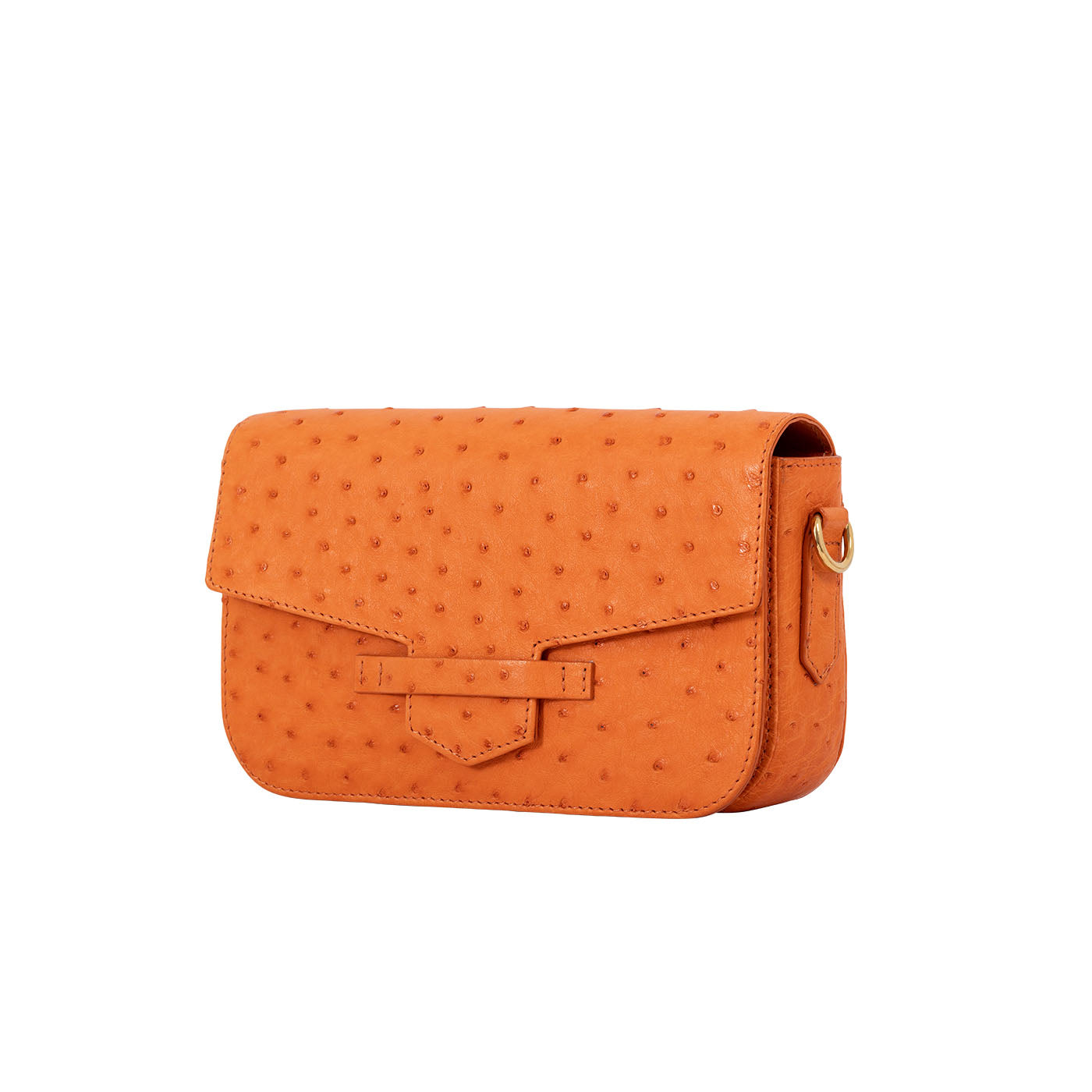 Side of a tangerine ostrich textured clutch bag on a white background