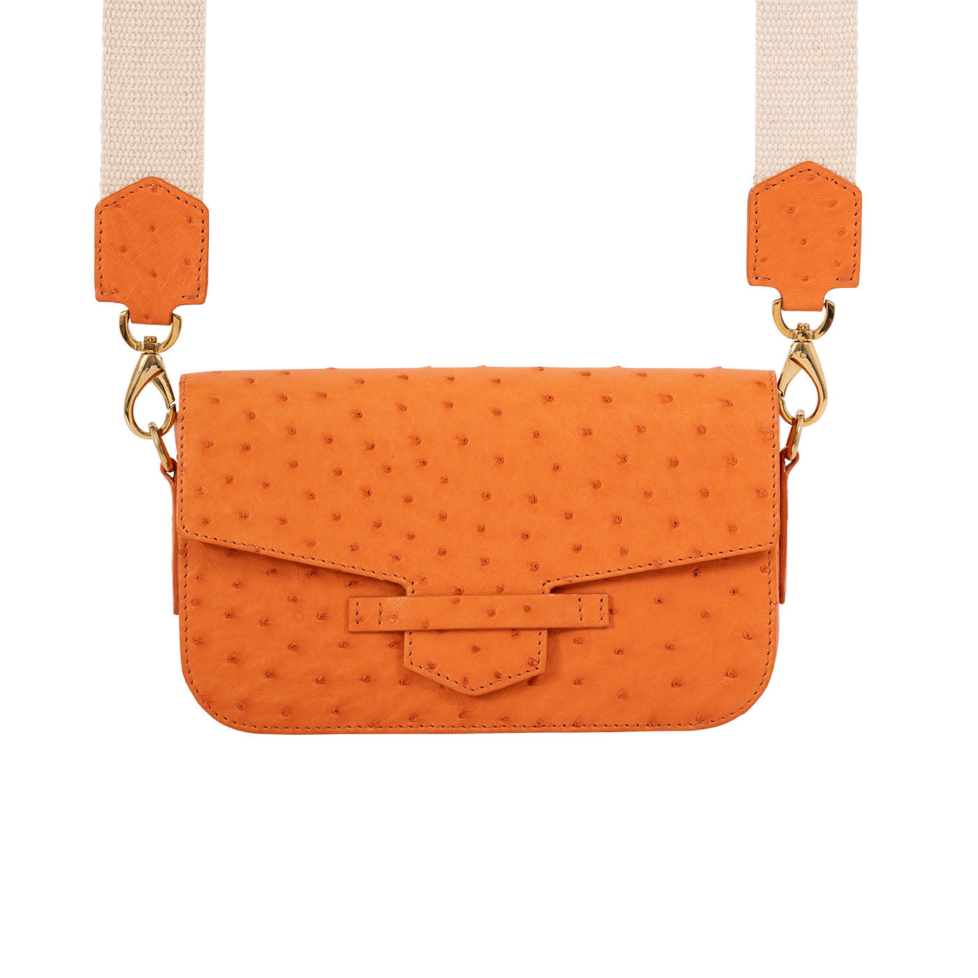Orange ostrich textured handbag with a beige strap on a white background