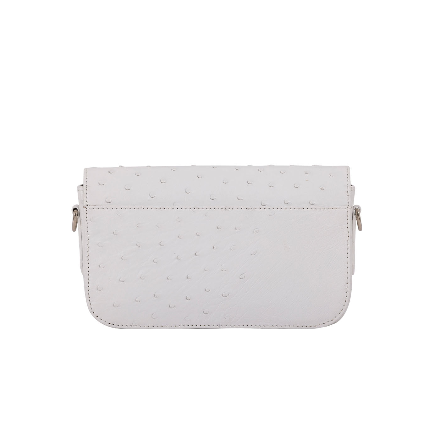 Back of a white ostrich textured clutch bag on a white background