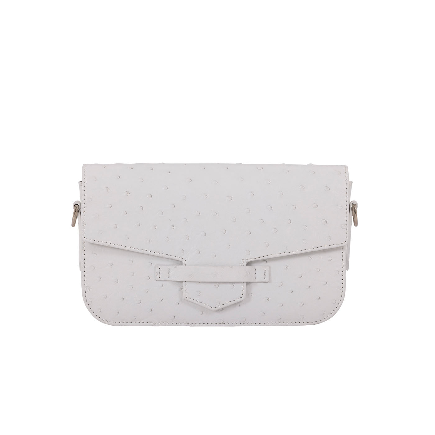 Front of a white ostrich textured clutch bag on a white background