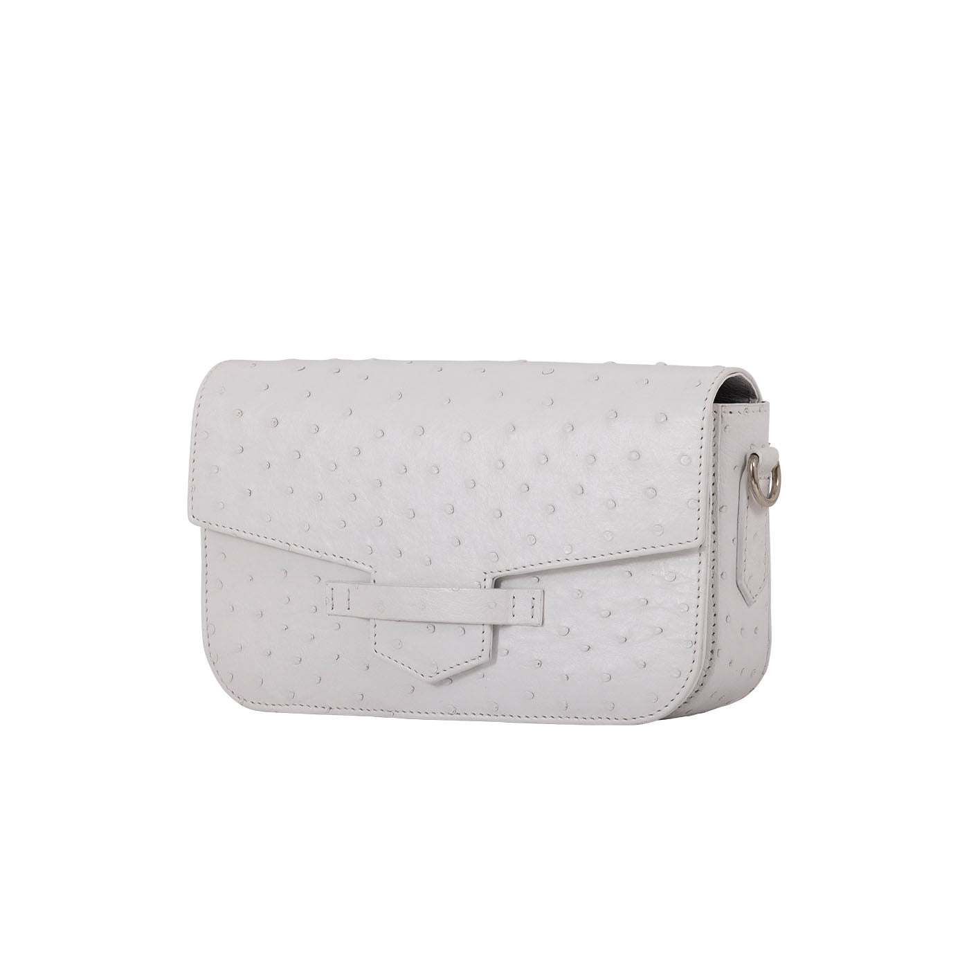 Side of a white ostrich textured clutch bag on a white background