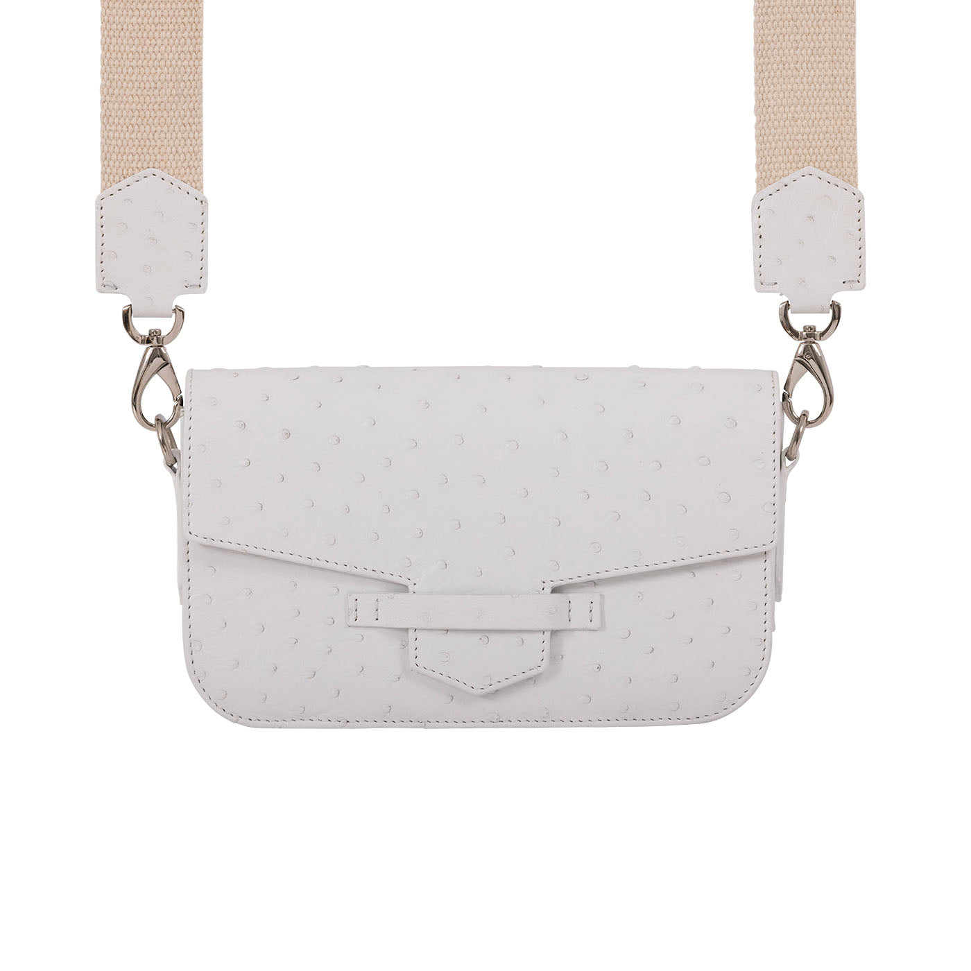 Front of a white ostrich textured clutch bag with a strap on a white background