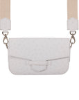 Front of a white ostrich textured clutch bag with a strap on a white background