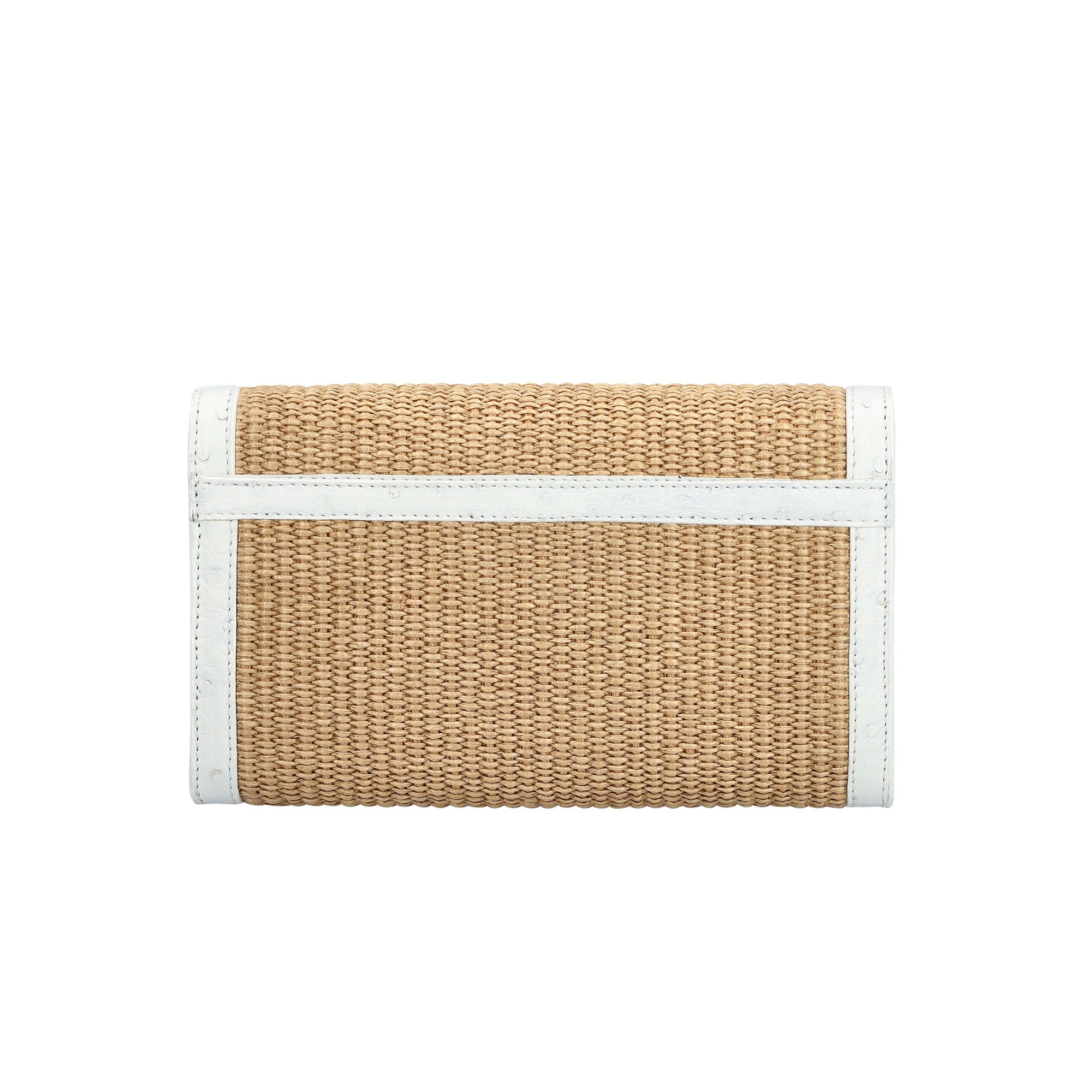 Back of a woven clutch bag with white trim on a white background