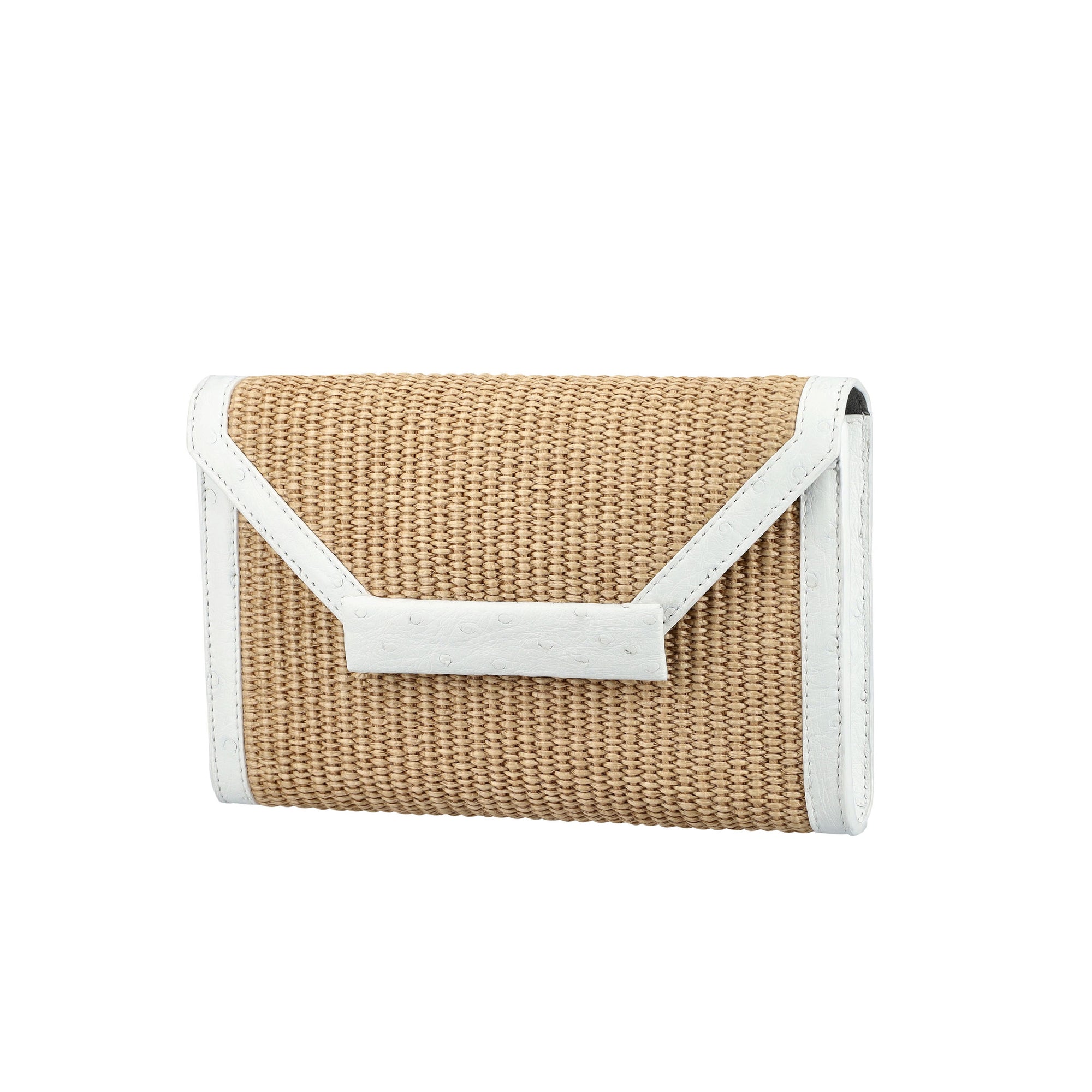 Side of a woven clutch bag with white trim on a white background