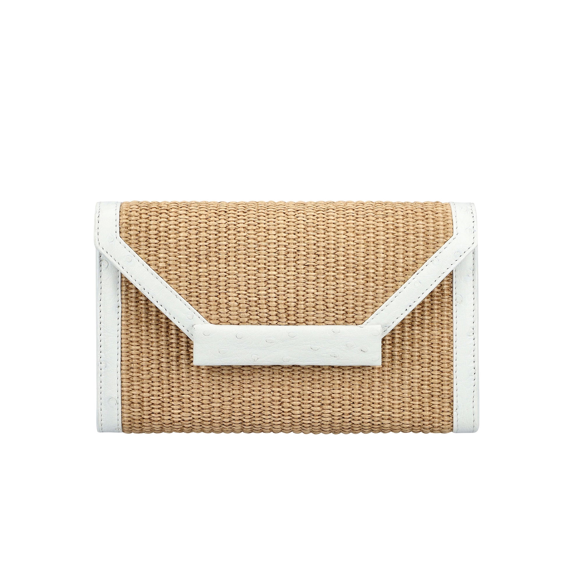 Front of a woven clutch bag with white trim on a white background
