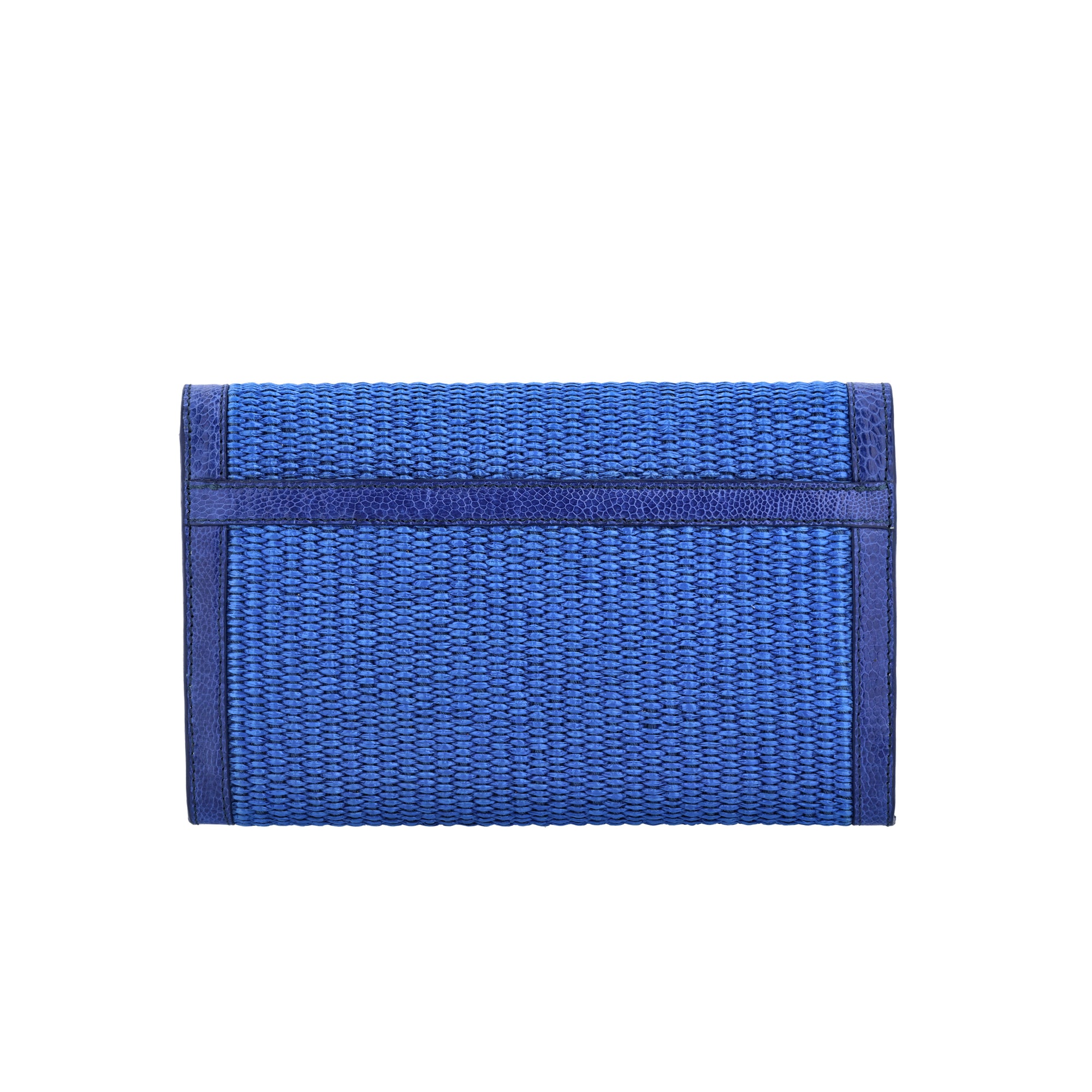 Back of blue woven bag on a white background