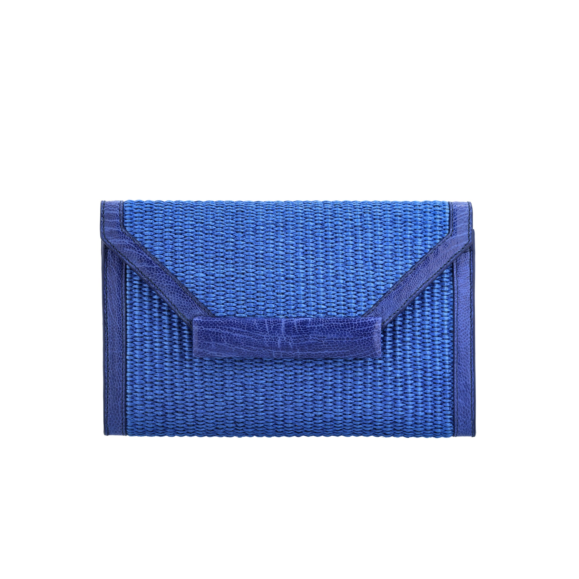 Front of blue woven bag on a white background