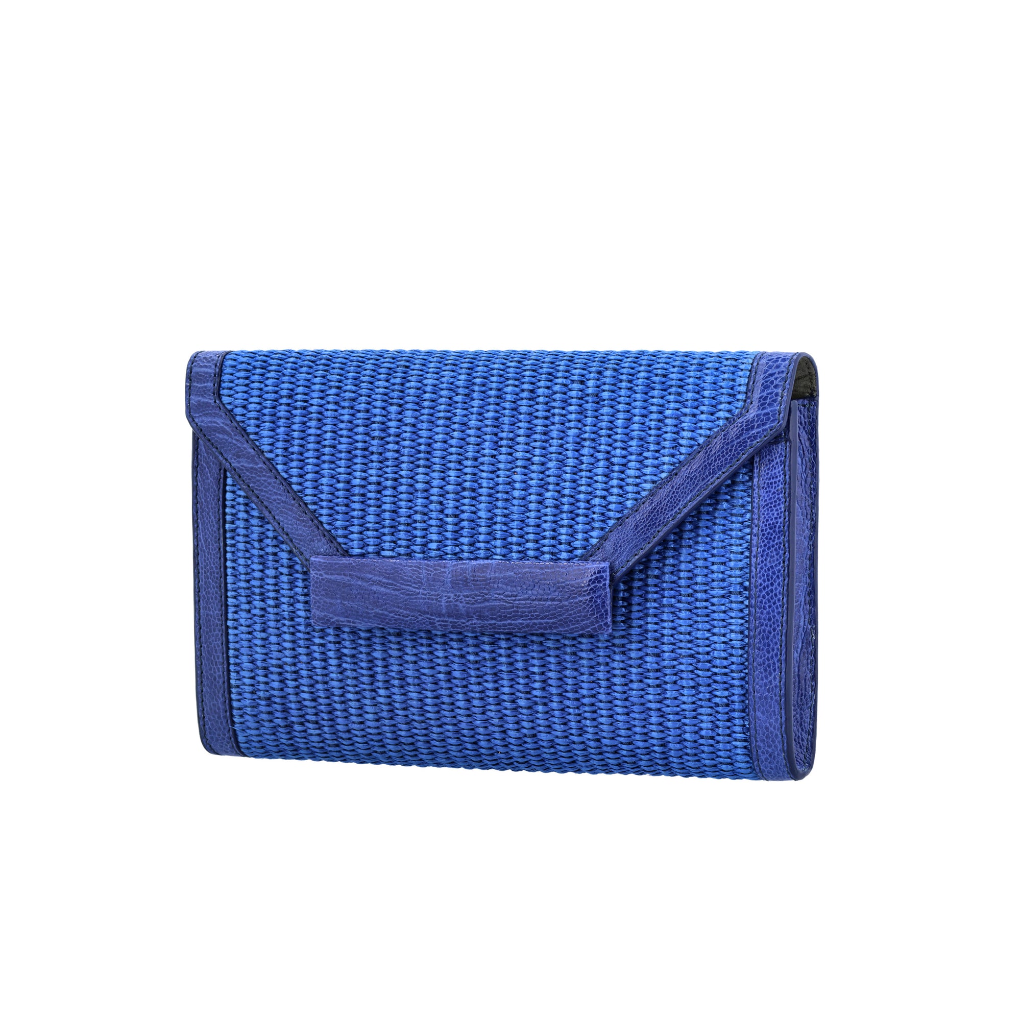 Side of blue woven bag on a white background