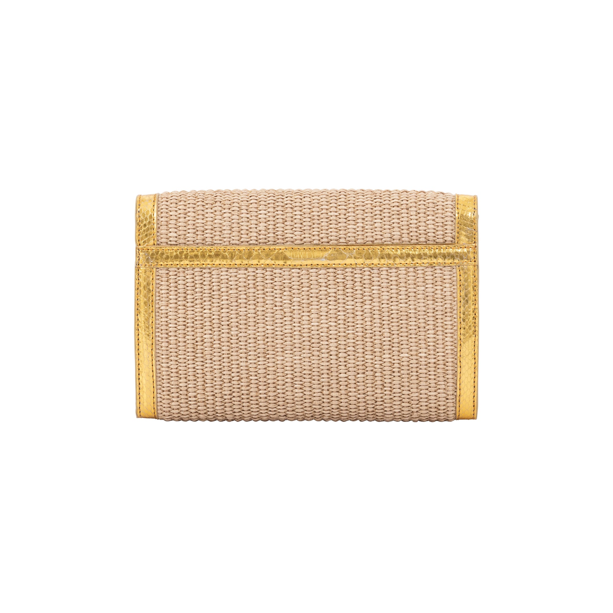 Back of a beige woven handbag with a gold trim on a white background