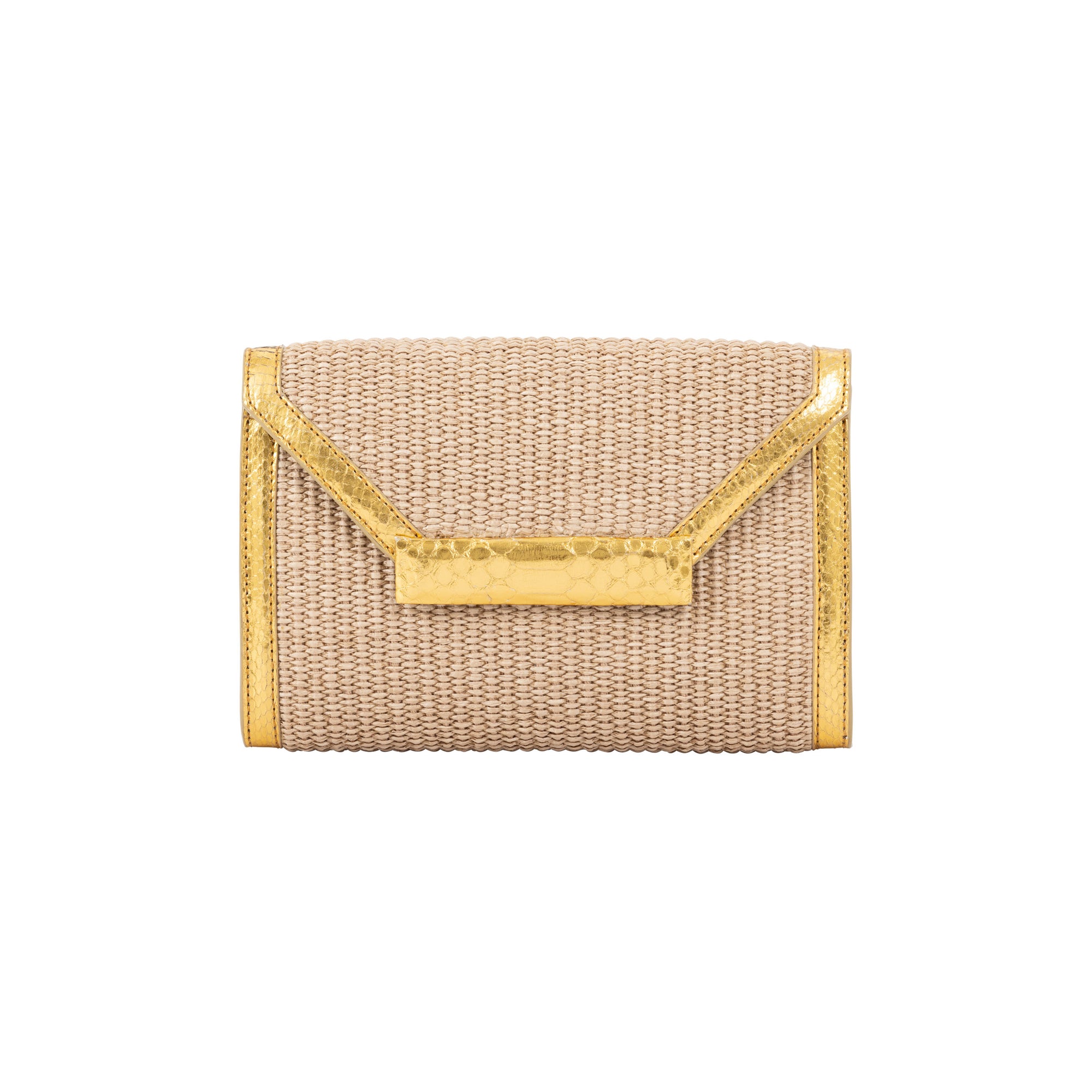 Front of a beige woven handbag with a gold trim on a white background