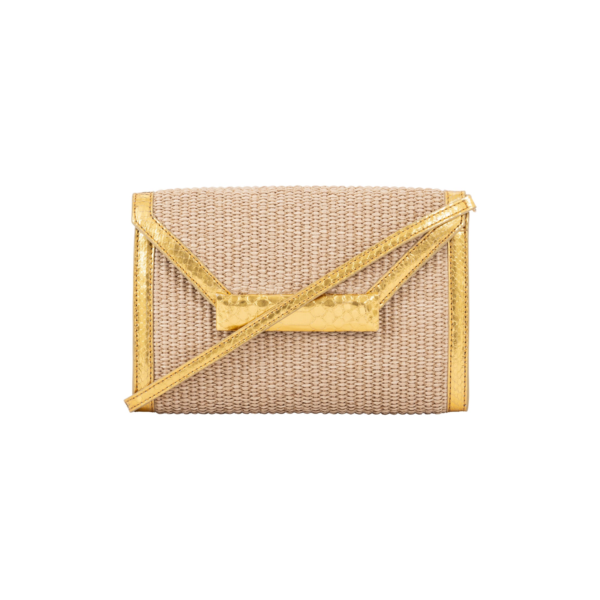 Front of a beige woven handbag with a gold trim on a white background