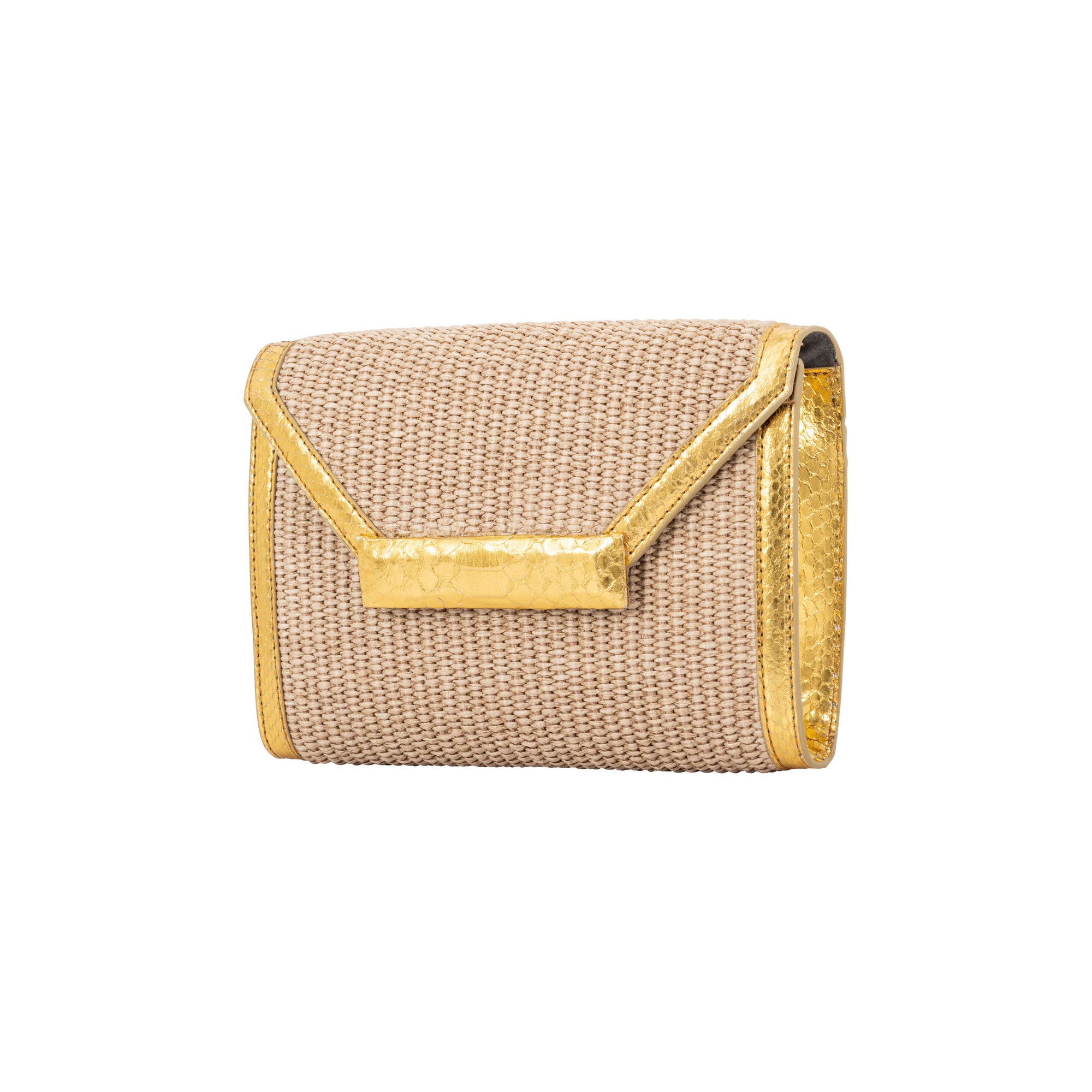 Side of a beige woven handbag with a gold trim on a white background