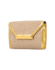 Side of a beige woven handbag with a gold trim on a white background
