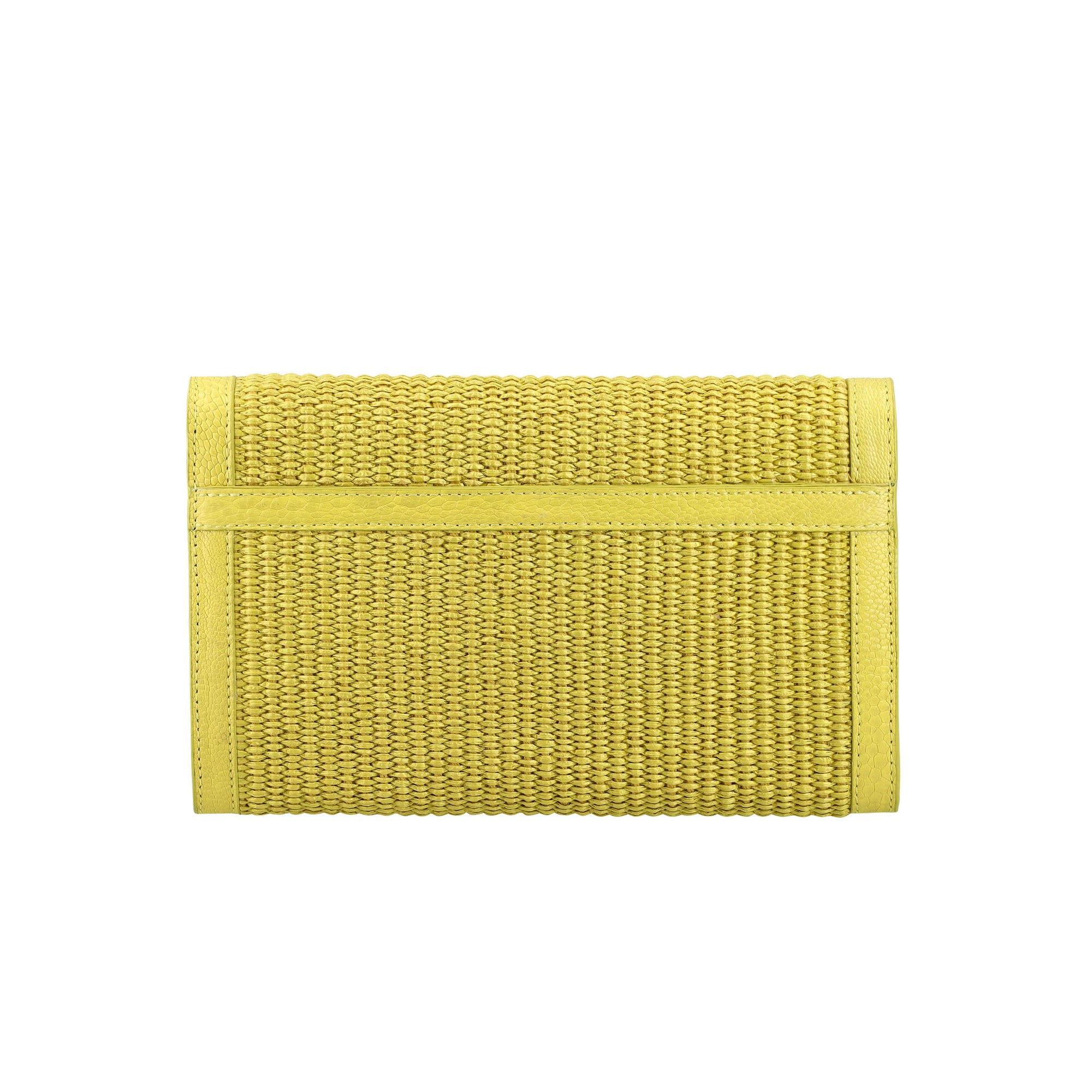 Back of yellow woven pouch on a white background