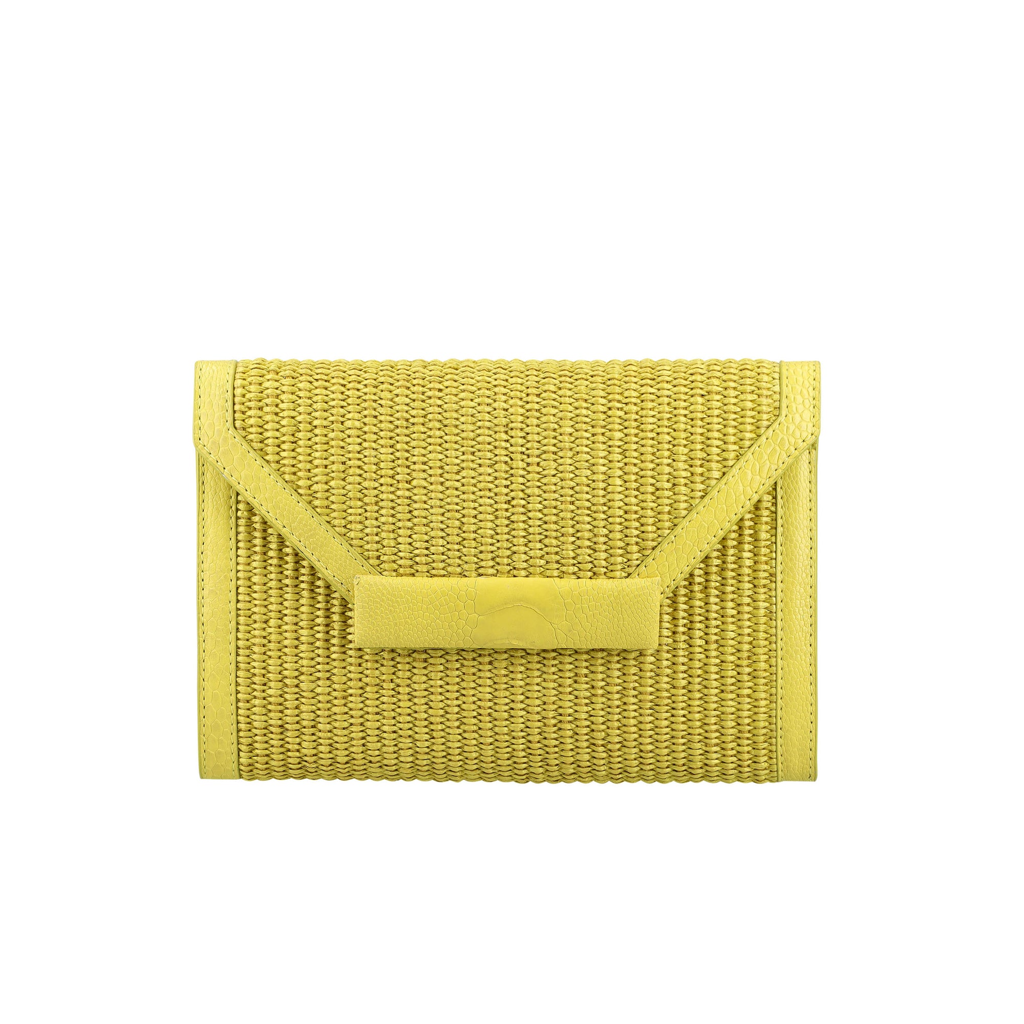 Front of yellow woven pouch on a white background