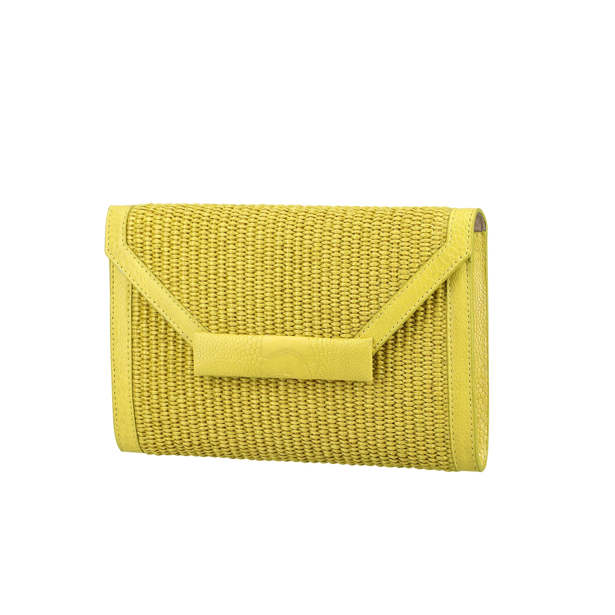Side of yellow woven pouch on a white background