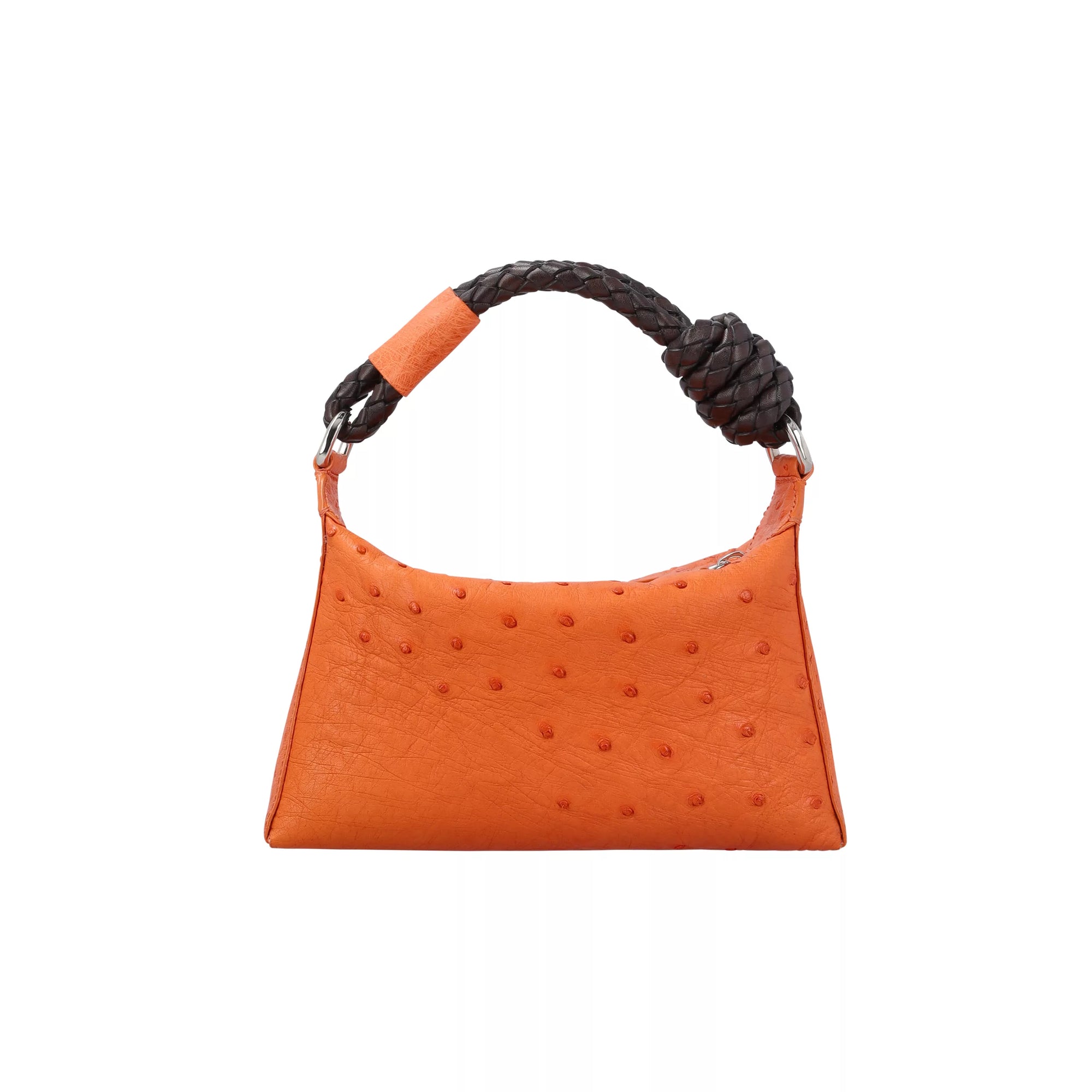 Orange handbag with a knotted handle on a white background
