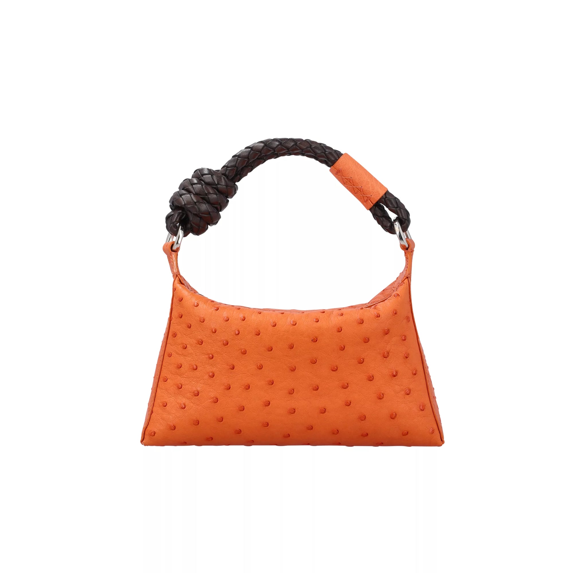 Orange textured handbag with a brown rope handle on a white background
