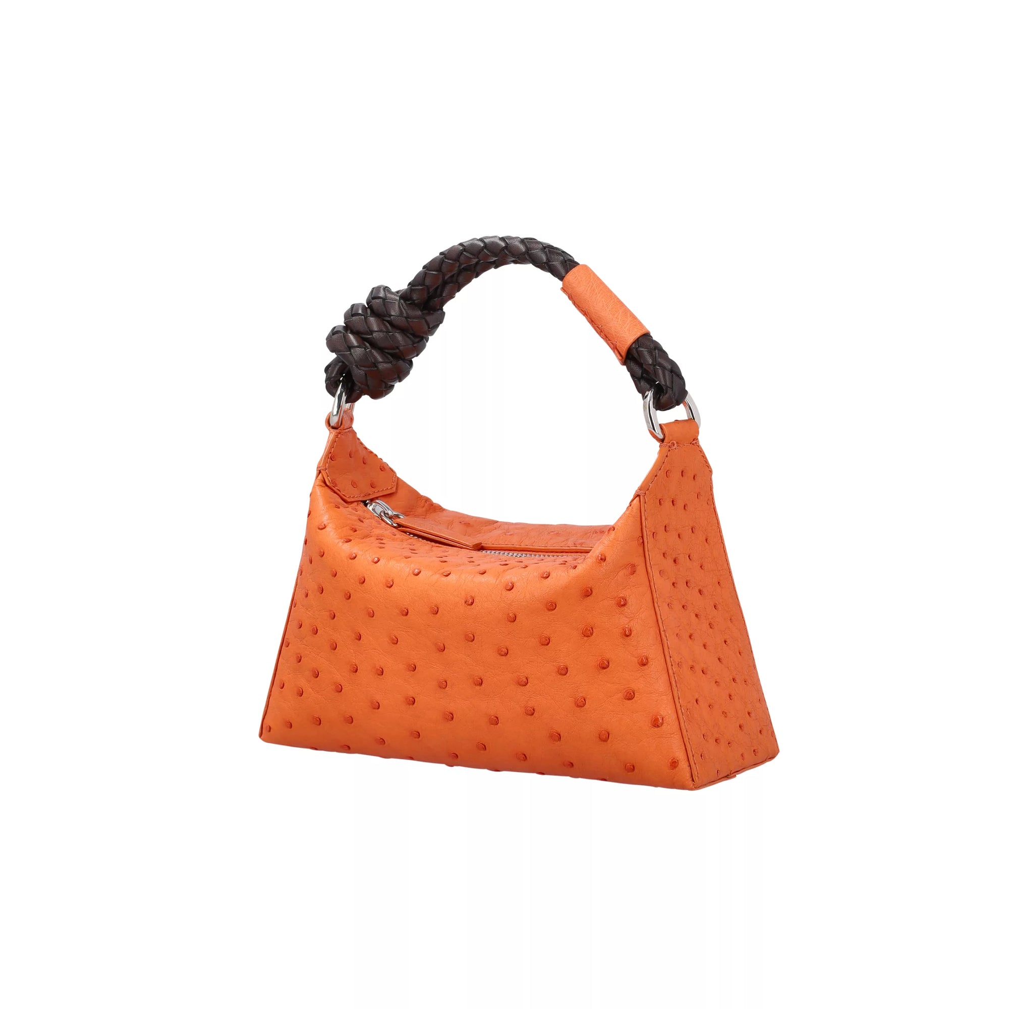 Orange handbag with a braided knotted handle on a white background