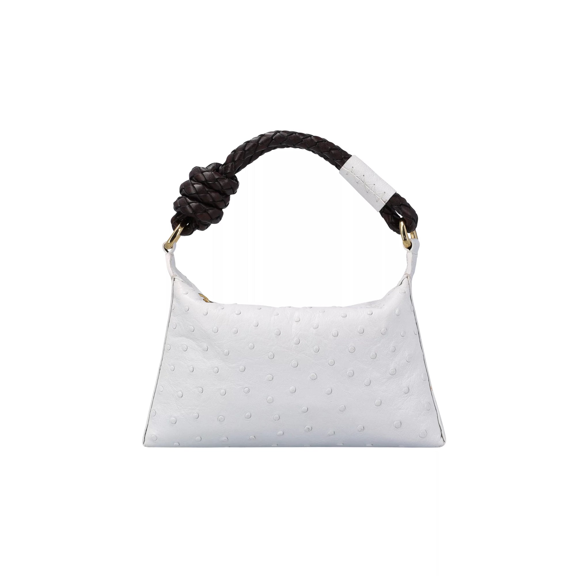 White handbag with a dark brown handle on a white background
