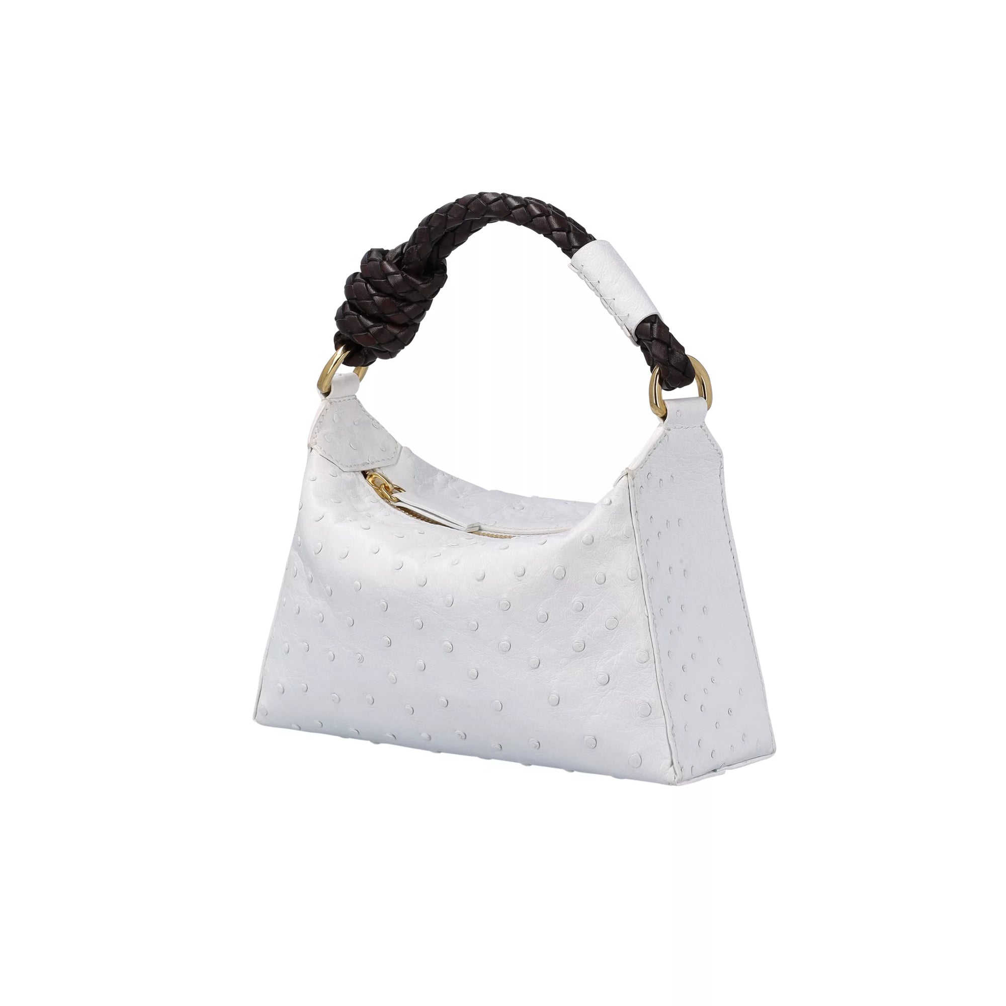 White handbag with a braided handle on a white background