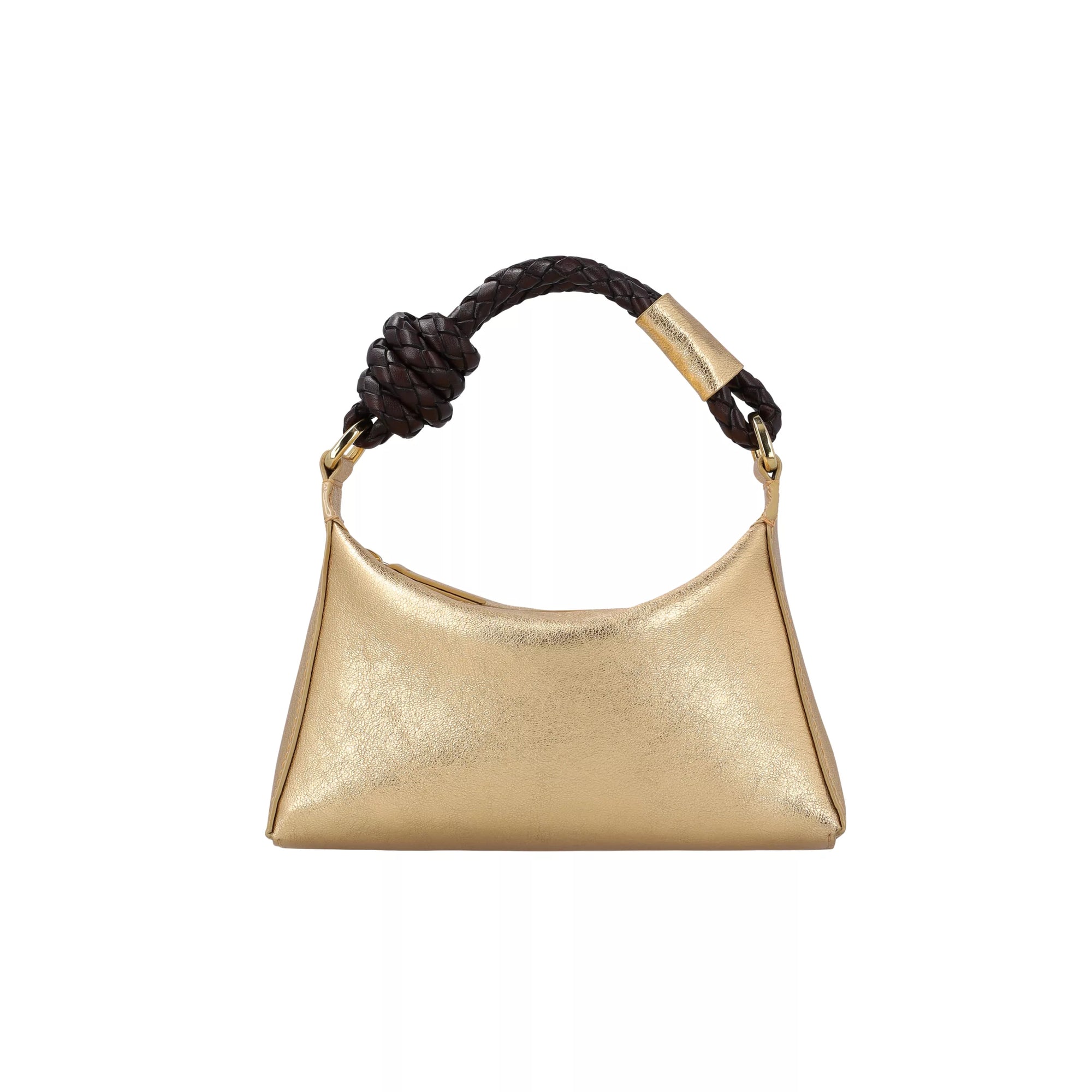 Gold handbag with a knotted handle on a white background