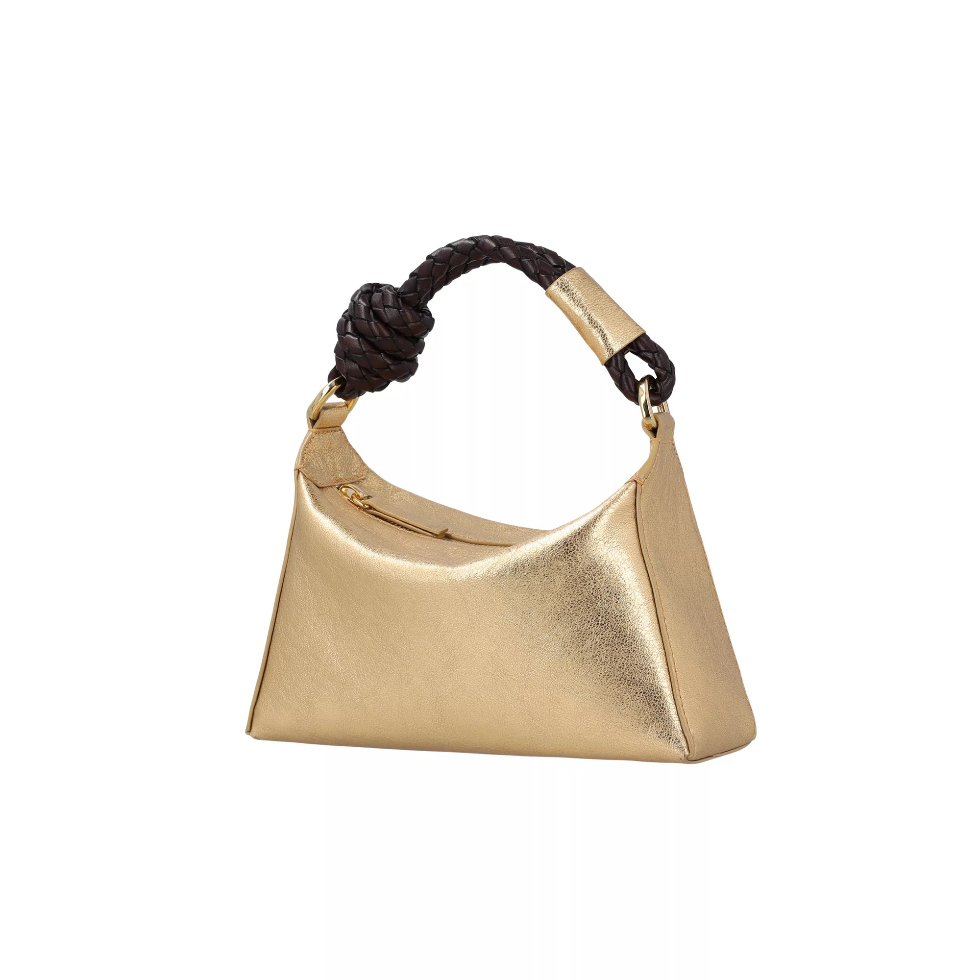 Gold handbag with a dark brown braided and knotted handle on a white background