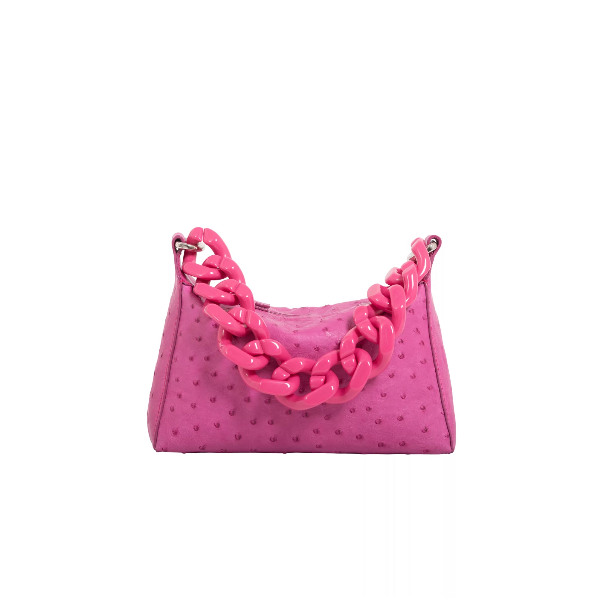 Pink handbag with chain handle on a white background