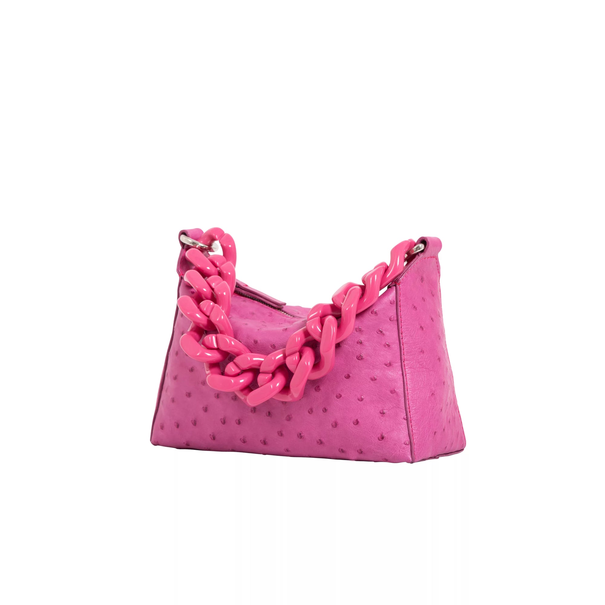 Pink textured handbag with chain detail on a white background