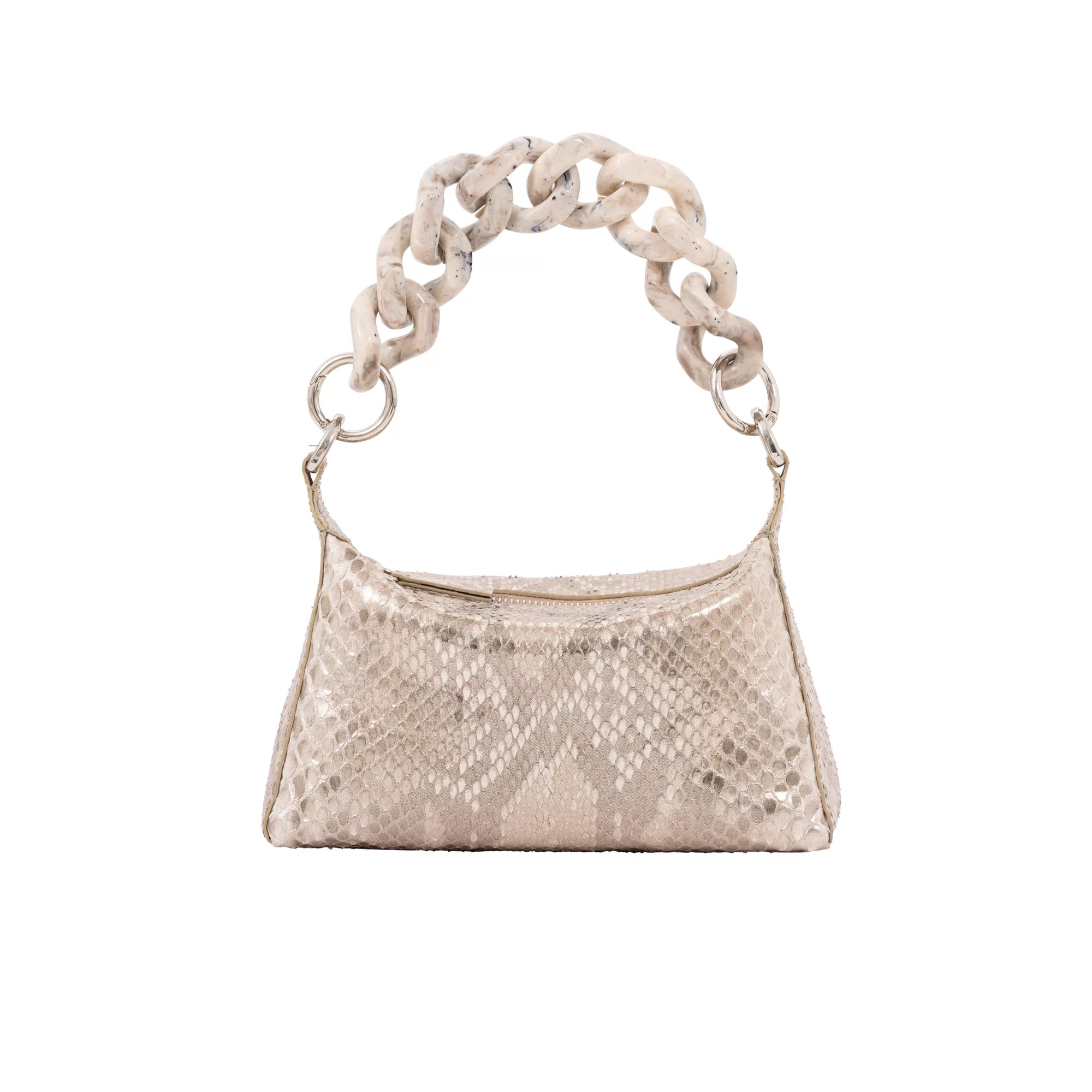 The front of a gold shimmer python textured handbag on a white background