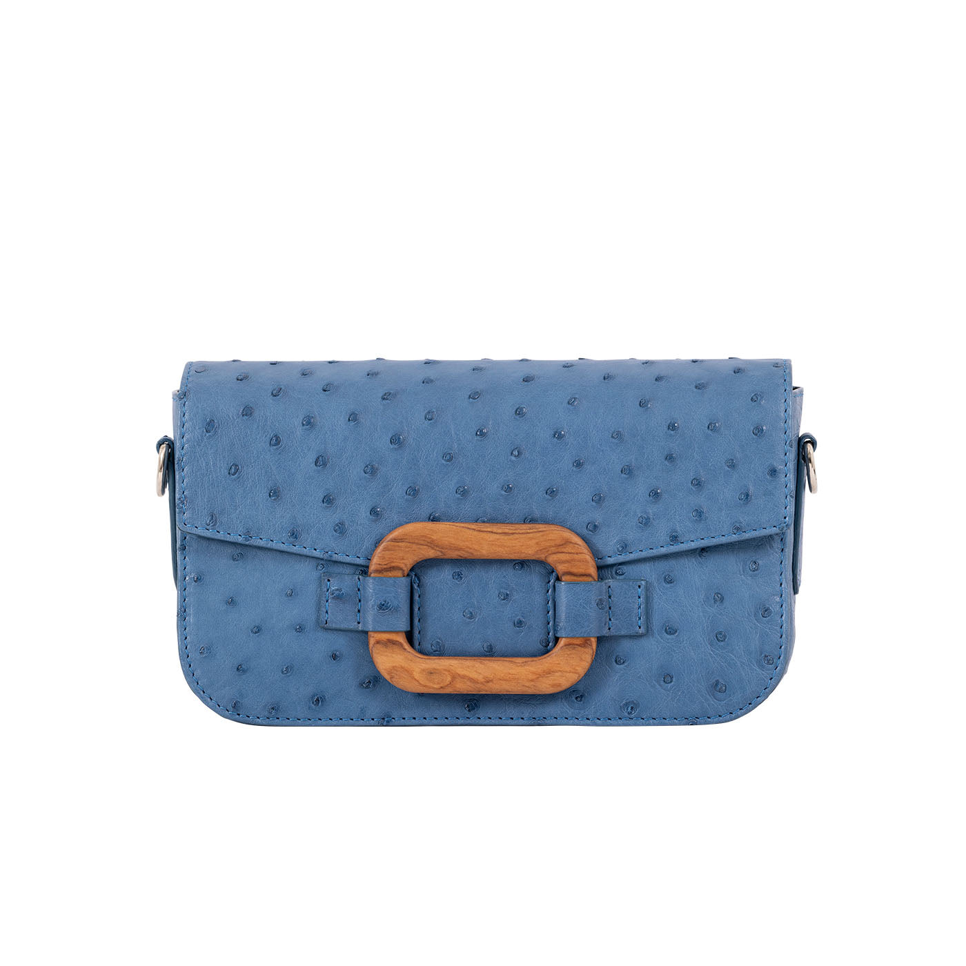 Front of a blue ostrich textured handbag on a white background