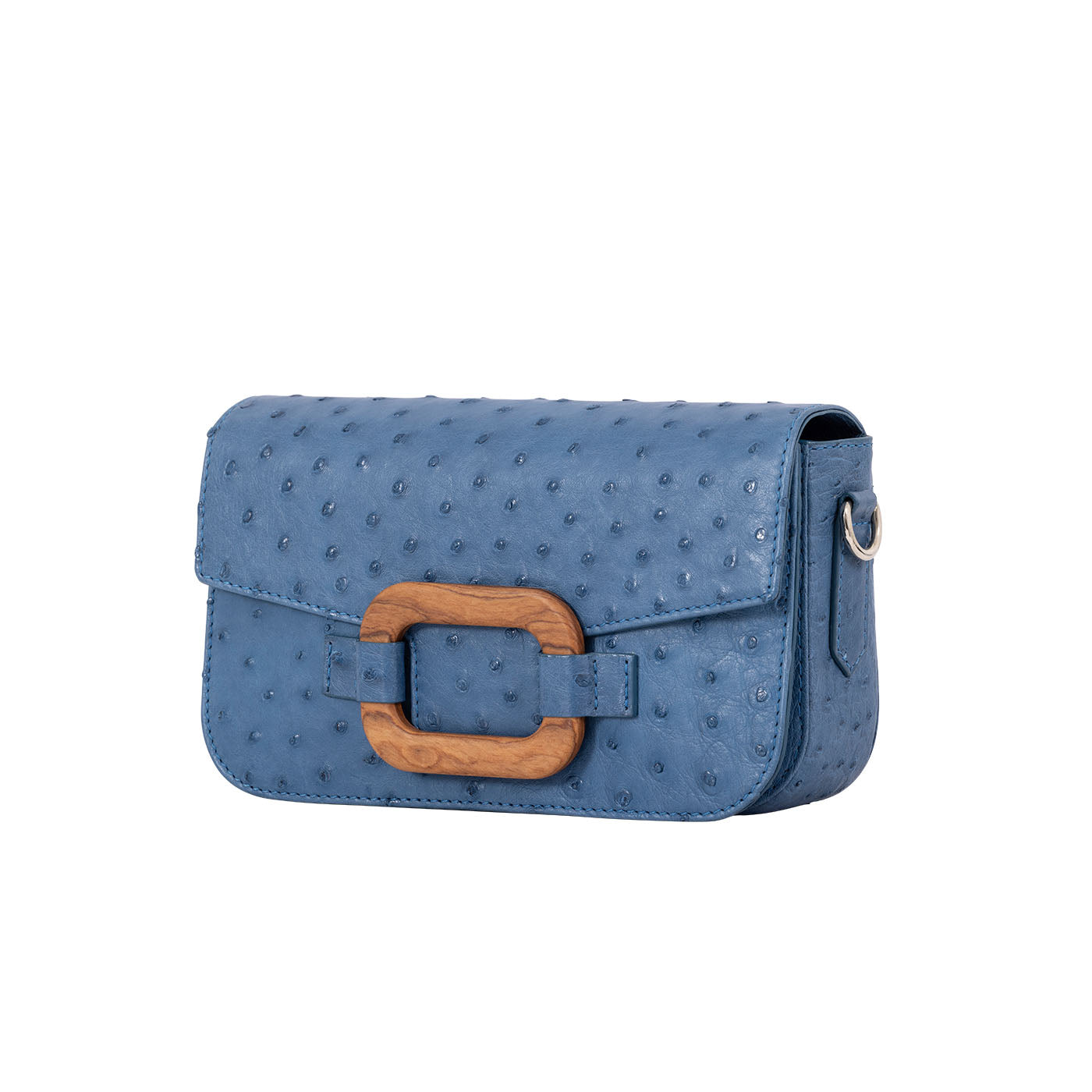 Side of a blue ostrich textured handbag on a white background