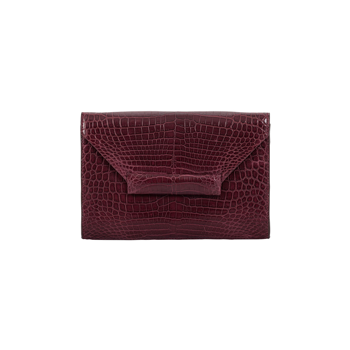Front of a maroon crocodile textured clutch bag on a white background