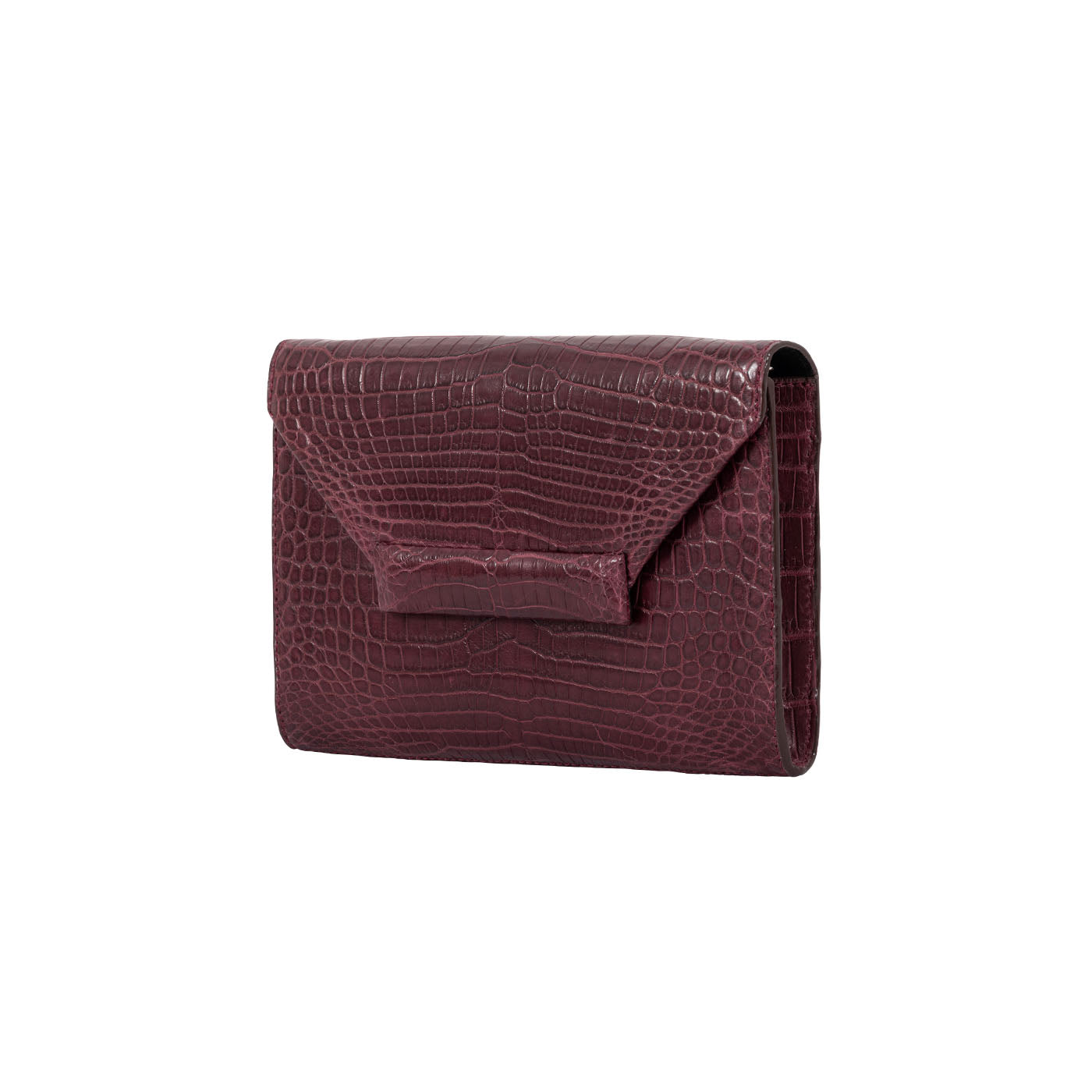 Side of a maroon crocodile textured clutch bag on a white background