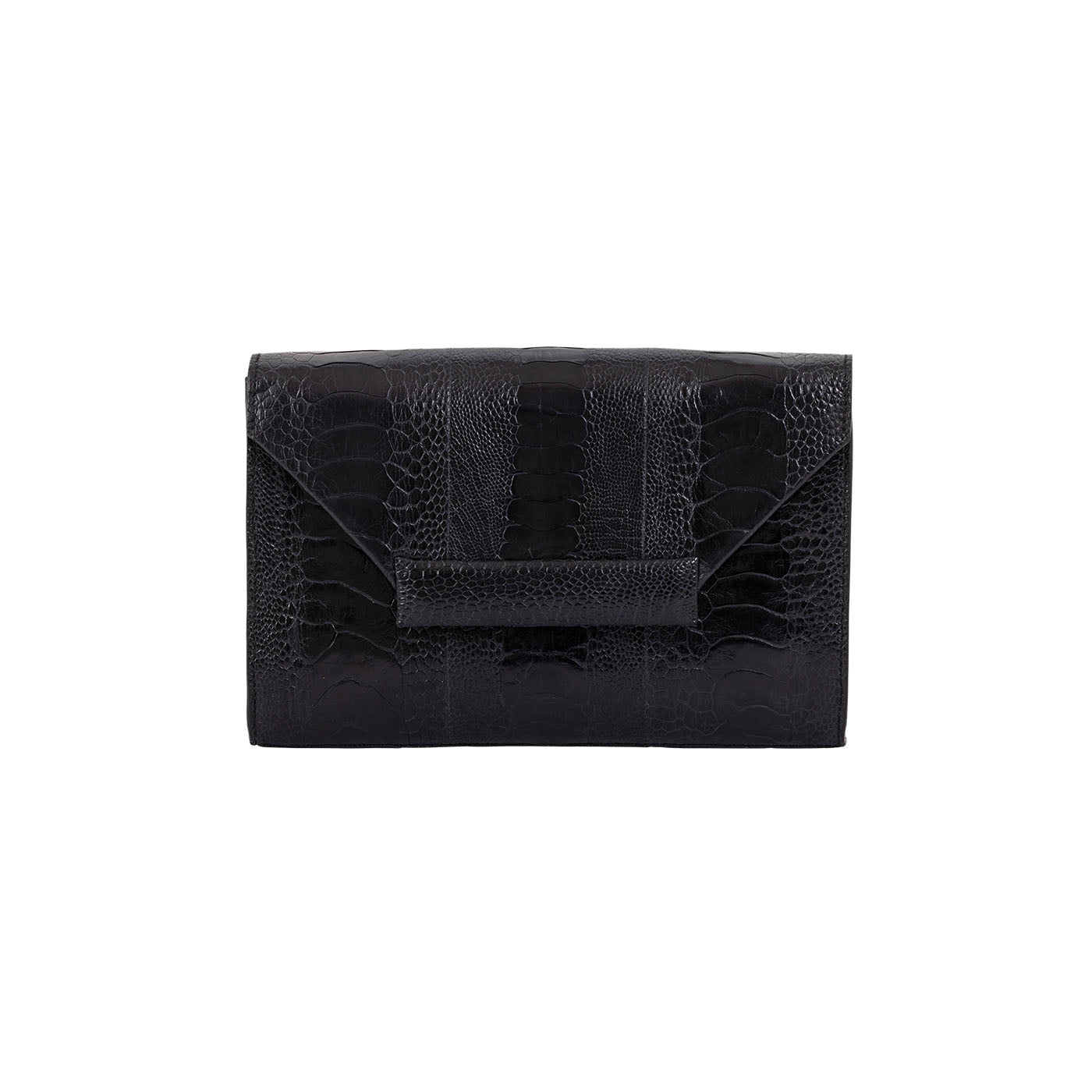 Front of a black textured handbag with strap on a white background