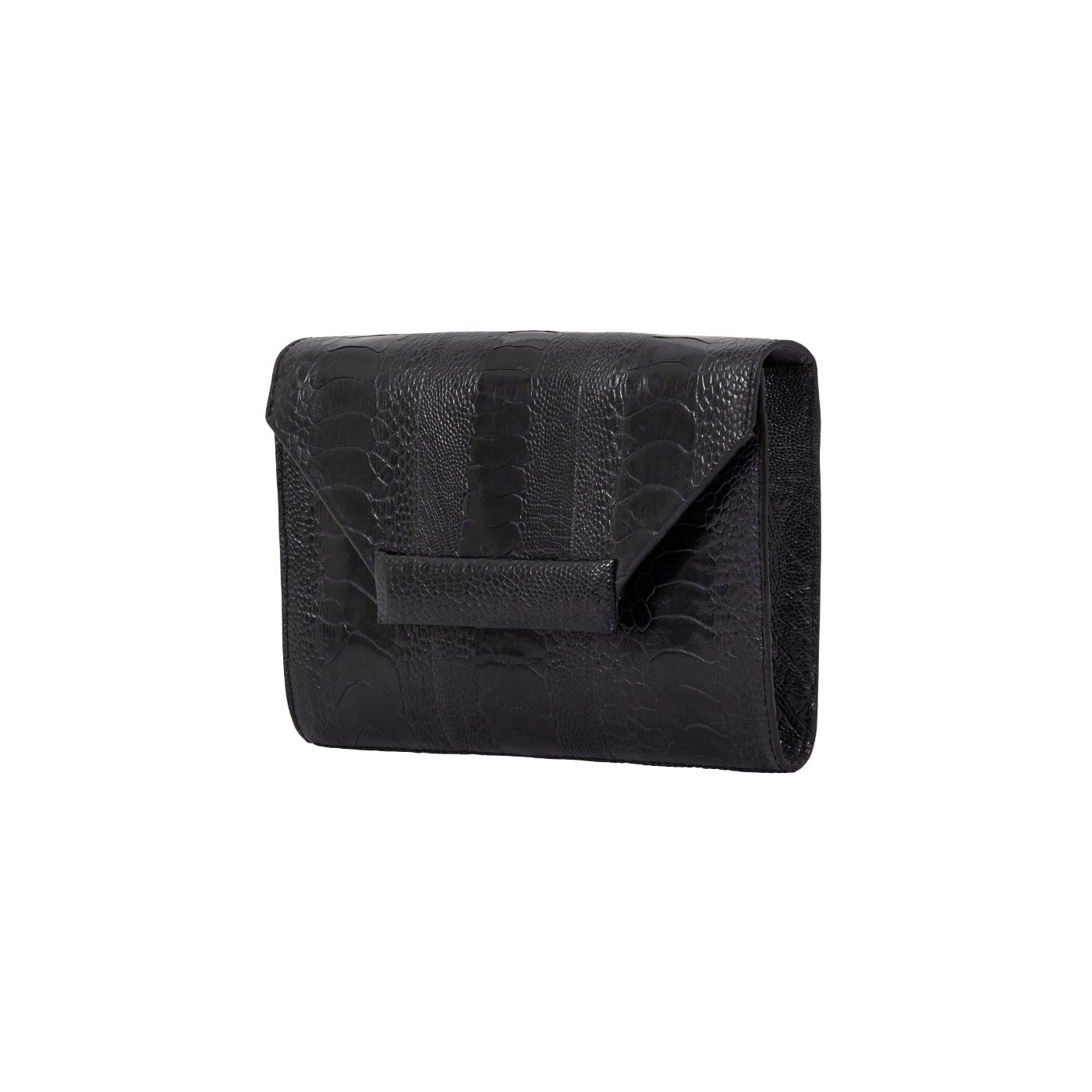 Side of a black textured handbag with strap on a white background