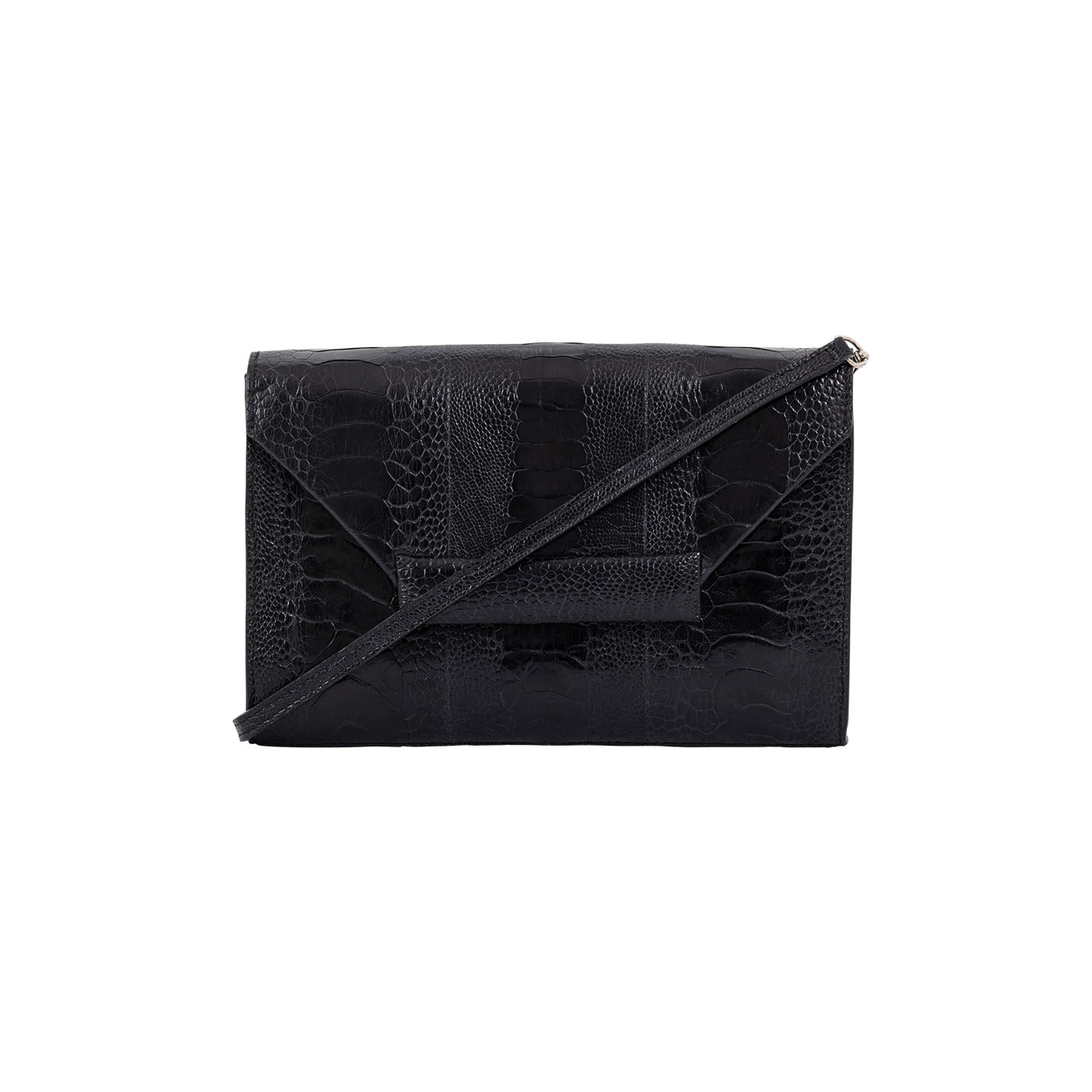 Black textured handbag with strap on a white background