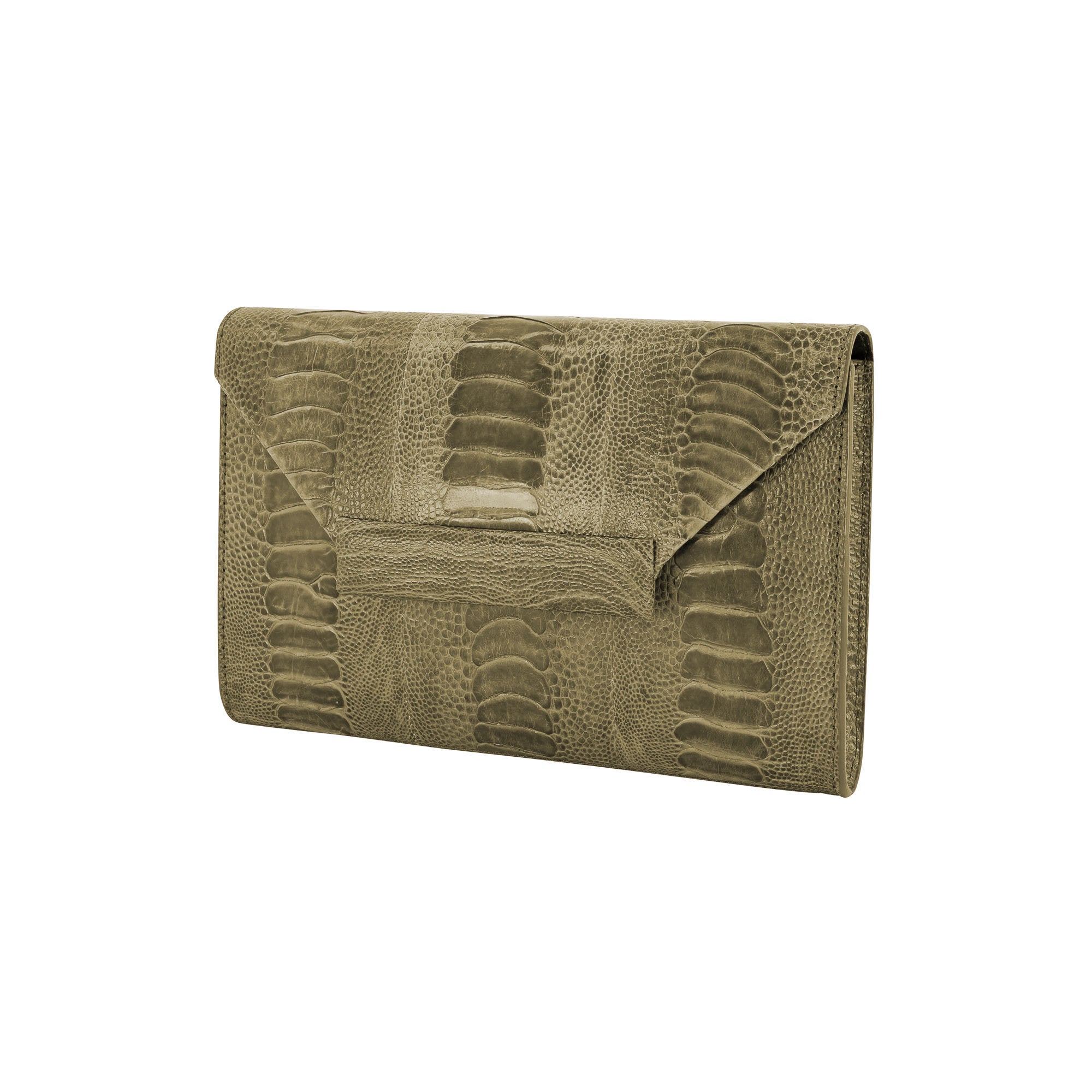 Side of a forest green ostrich leg textured handbag on a white background