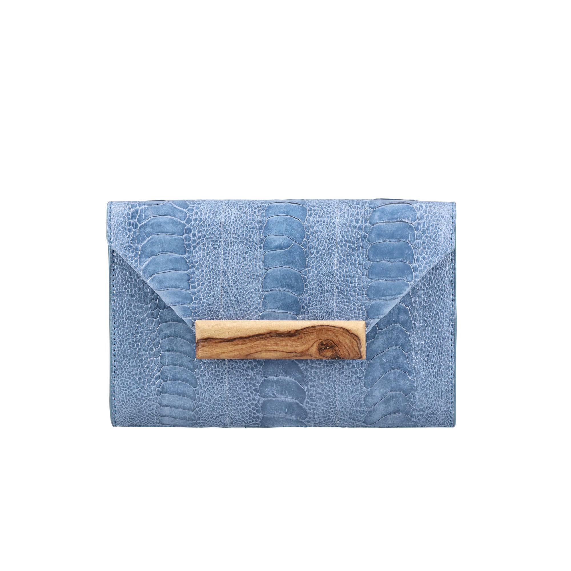 Front of blue textured clutch bag with wooden clip on a white background
