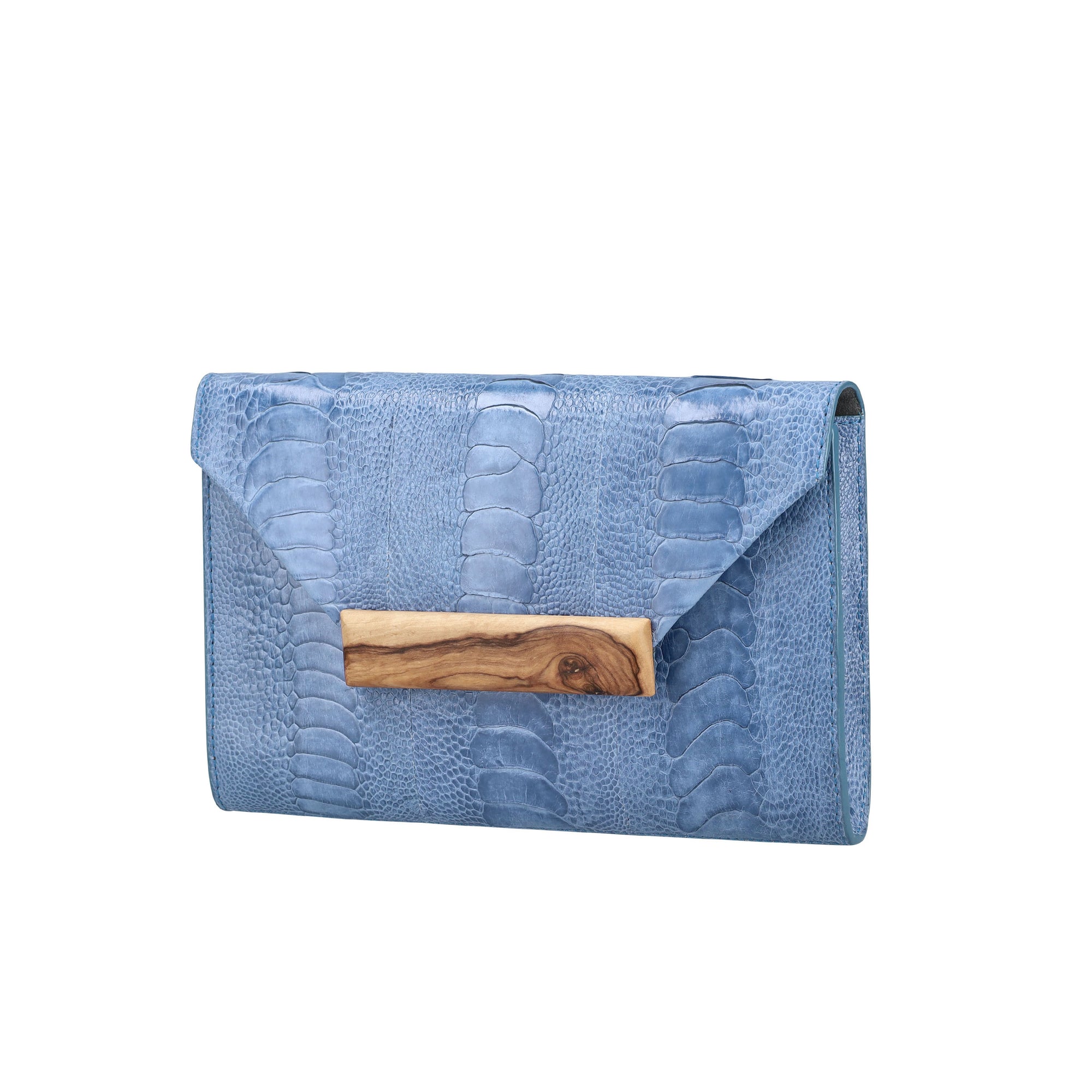 Blue textured clutch with a wooden clip on a white background
